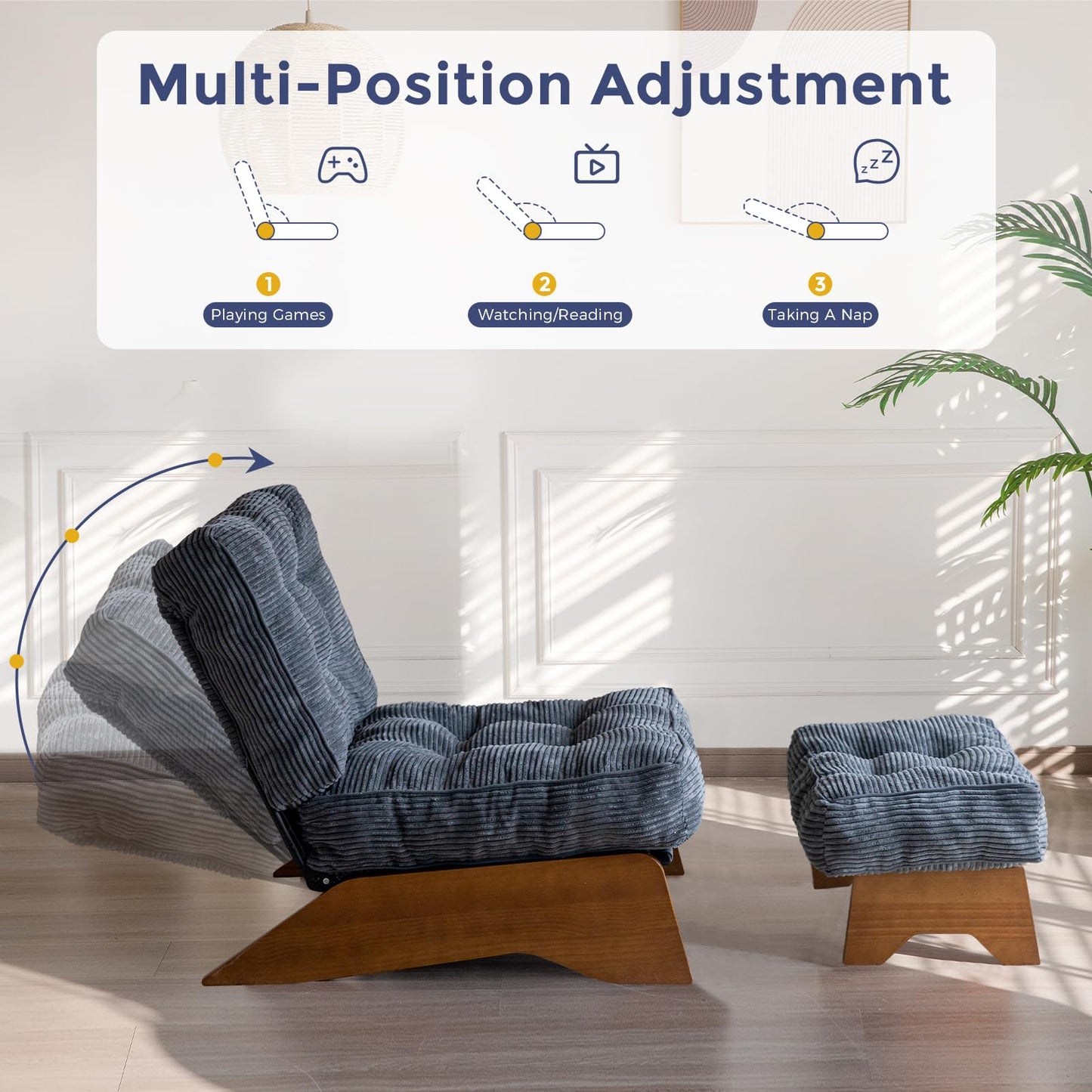 MAXYOYO Corduroy Folding Accent Chair with Footrest, Modern Upholstered Lounge Chair with Adjustable Backrest