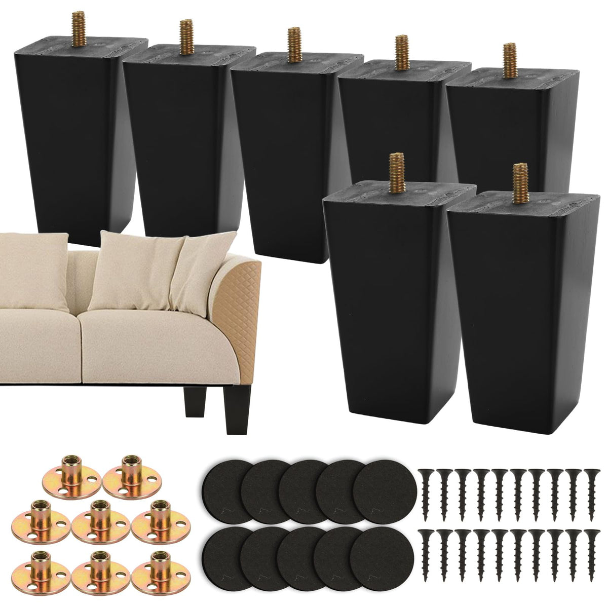 MUXHEL Sofa Legs Set of 8, 10 cm Sofa Feet Wooden Furniture Legs, Replacement Sofa Legs Solid Wood Furniture Legs M8 Bolt with Mounting Plate & Screws