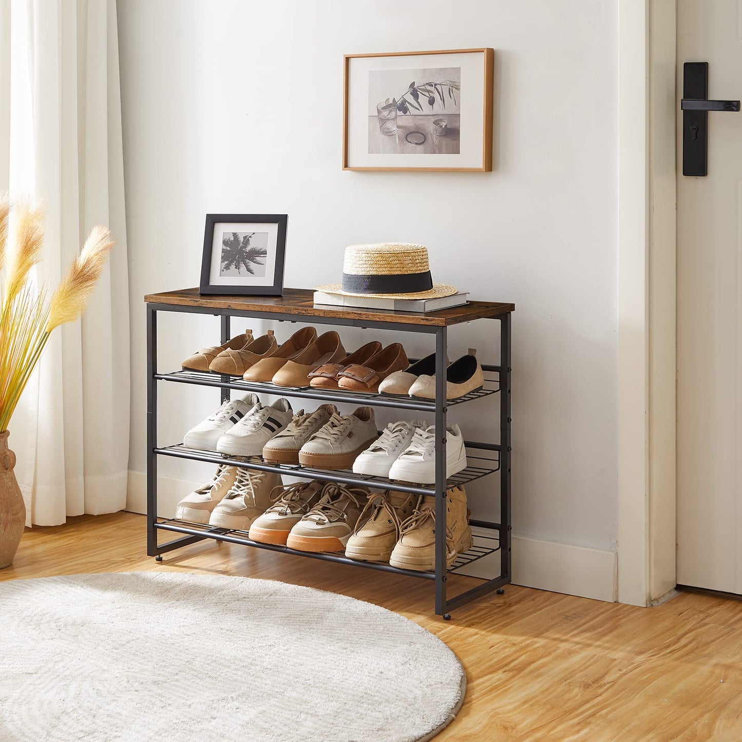 HOOBRO Shoe Rack, 4-Tier Shoe Organizer, Shoe Storage Shelves for 12-16 Pairs, Adjustable Metal Shelf, 75 x 29 x 59 cm, Industrial Shoe Rack for
