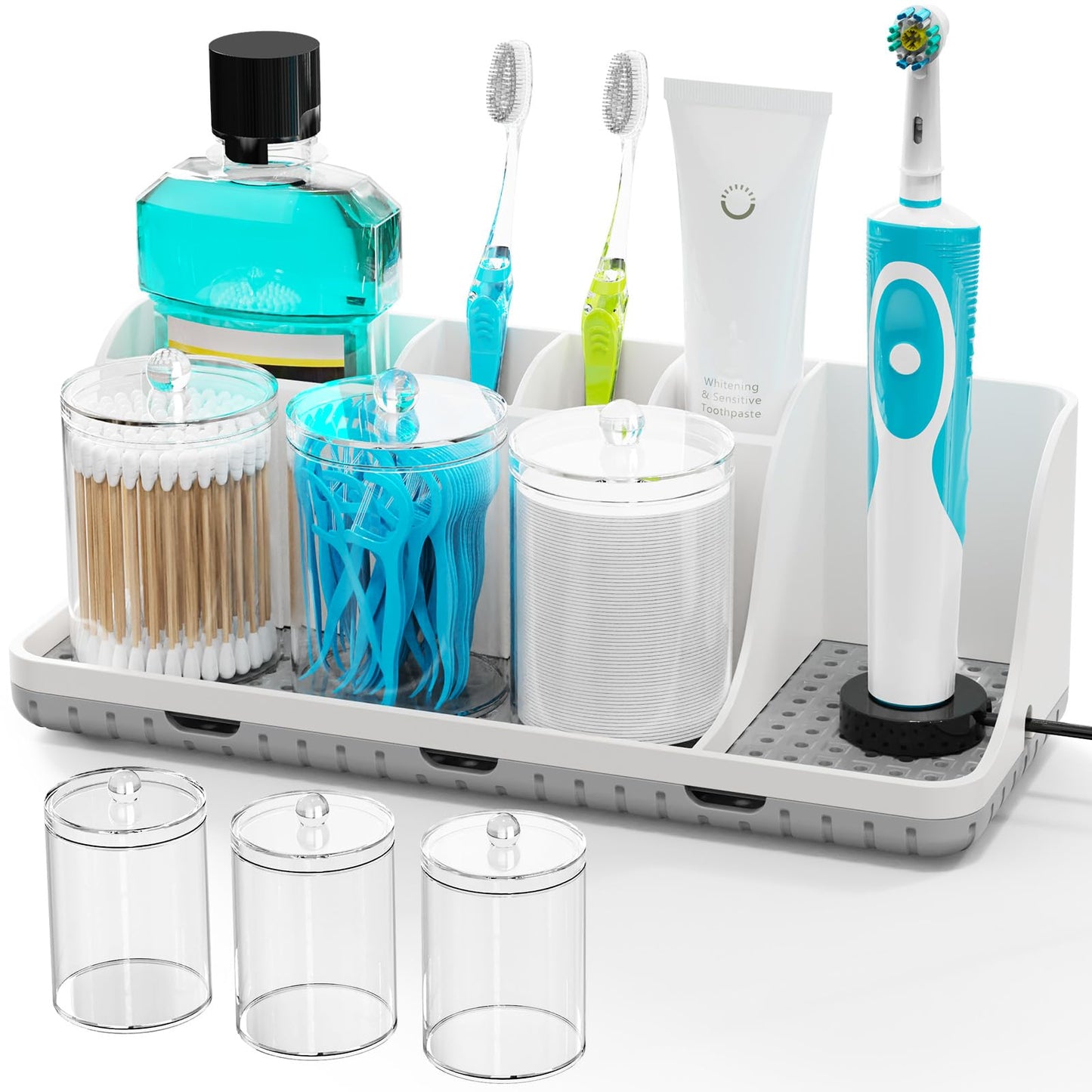 PARKMANI Toothbrush Holder for Bathroom Organizer Storage, Electric Tooth Brush Holder with 3 PCS Cotton Bud Holder, Bathroom Accessories for Family