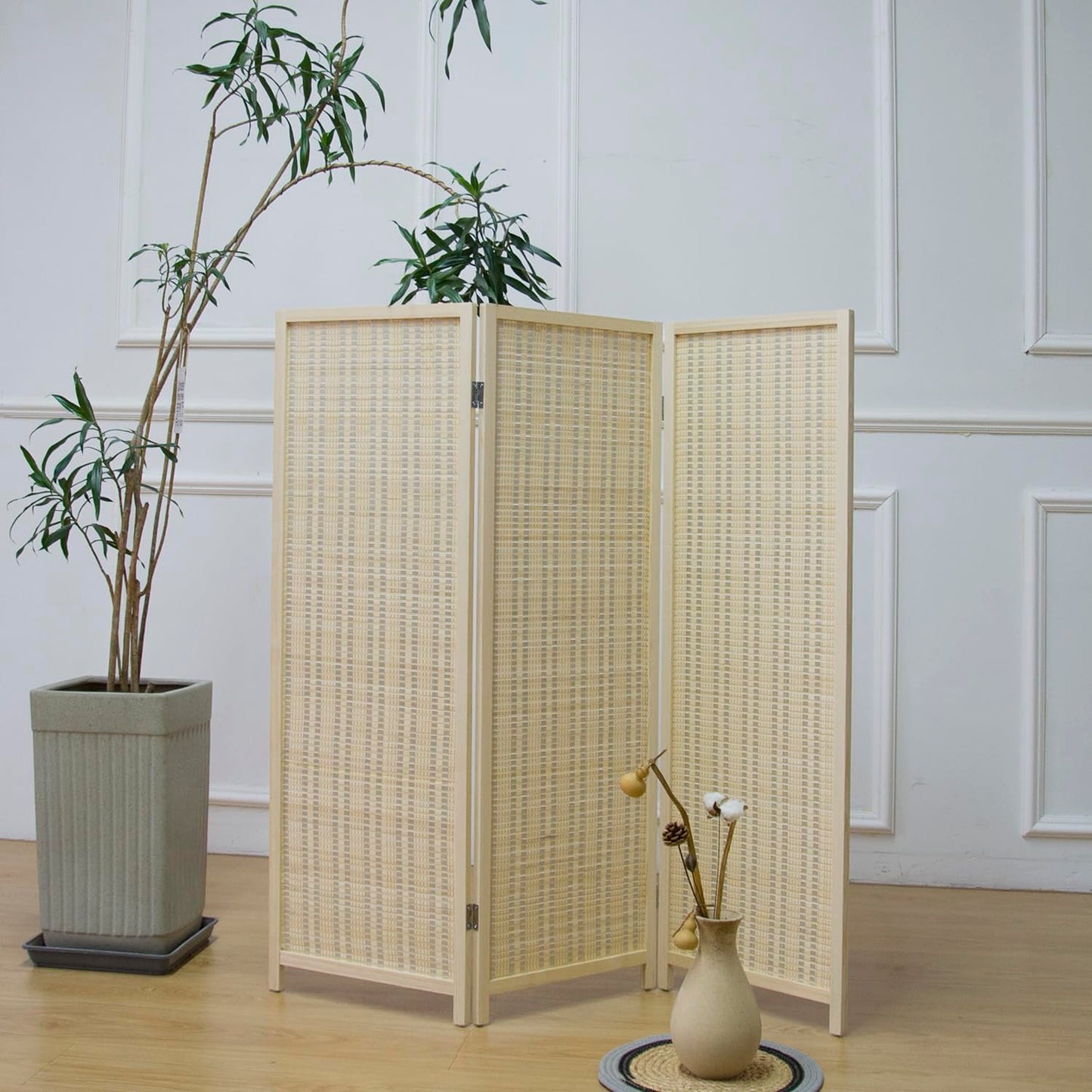 Furnnylane 3 Panel Bamboo Room Divider Short Folding Screen Divider,Double Sided Bamboo Divider Screen for Room Separation,Beige,120 cm H x 117 cm W