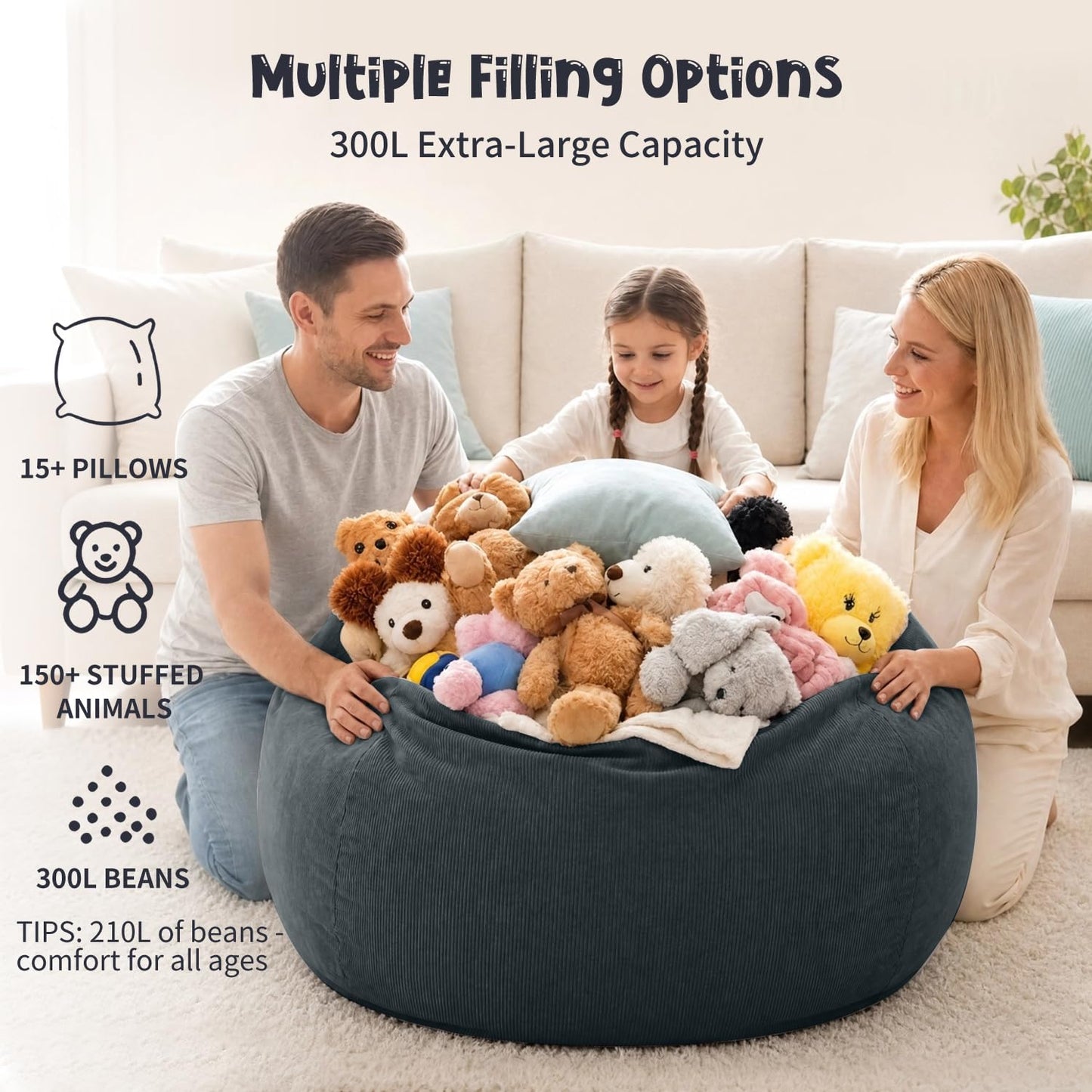 Nobildonna 3 ft Bean Bag Chair Cover (No Filler) for Adults and Kids 300L Extra Large Stuffed Animal Storage Bean Bag Washable Soft Premium Corduroy