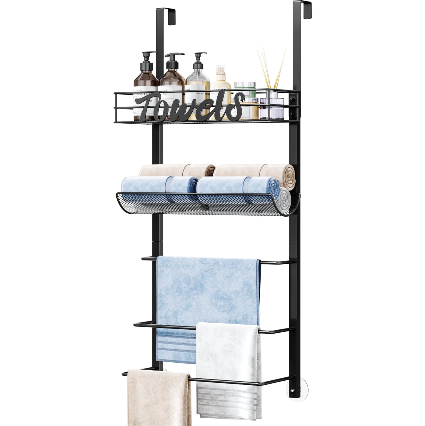 SWTYMIKI Over Door Towel Rack - 5 Tier Towel Storage Rack Wall Mounted with Metal Shelf, Over Door Towel Rail, Space-Saving Bathroom Towel Storage,