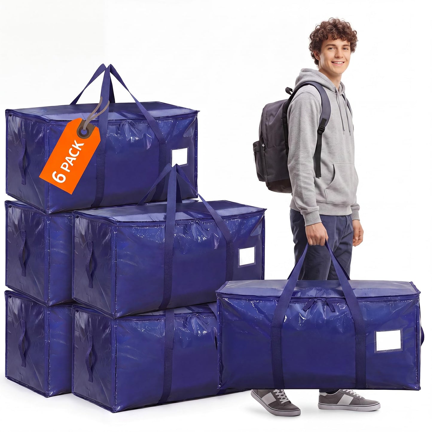 SUNNOW 6 Pack 90L Moving Bags with Handles, College Dorm Storage Bags, Blue