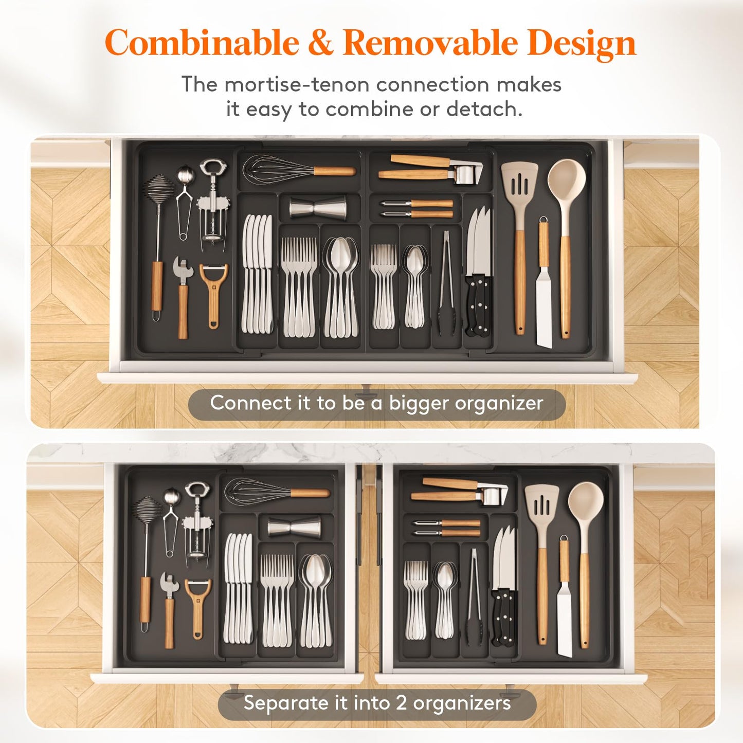 Lifewit Extra Large Cutlery Drawer Organiser, Expandable to 36 Inches Utensil Tray for Kitchen, Adjustable Silverware and Flatware Holder, Compact