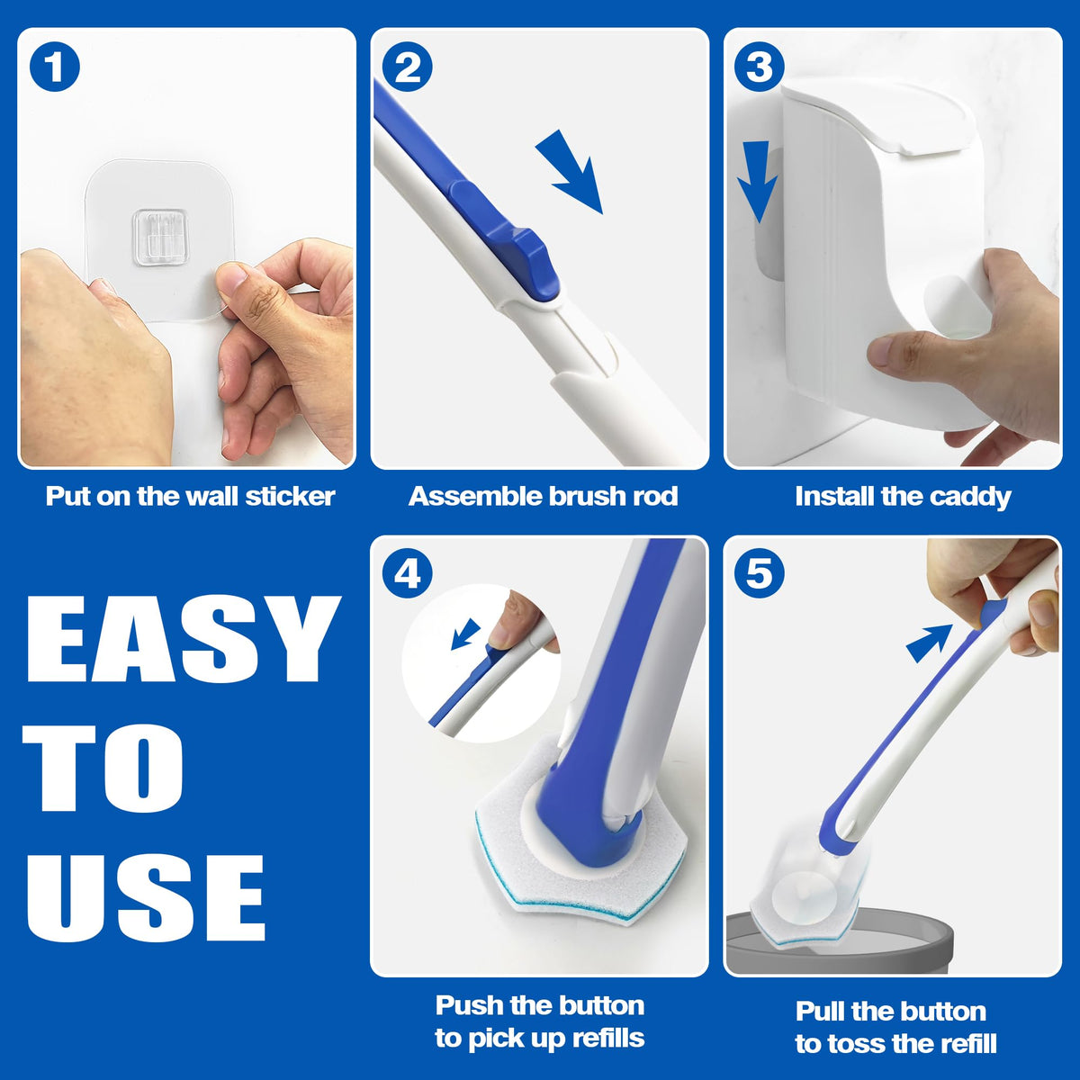 JEHONN Disposable Toilet Brush and Holder Set with 64 Cleaner Refills, Wall Mounted Bathroom Bowl Cleaning Wand System for Bathtub Sink Wash Basin