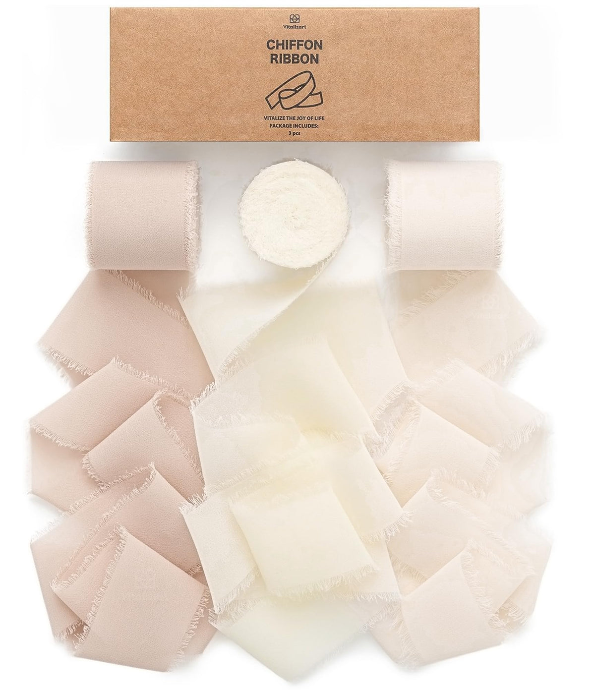 Vitalizart Chiffon Silky Ribbon 3 Rolls 1.5'' x 7 Yd Nude & White, 1.5'' x 21 Yd Ribbons Handmade Fringe for Wedding Invitations, Bridal Bouquets,