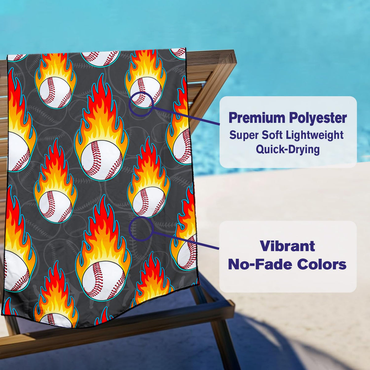 Violetpos Flaming Baseball Beach Towel, Extra Large 180x90 cm 250GSM Microfibre, Sand Free Quick Dry