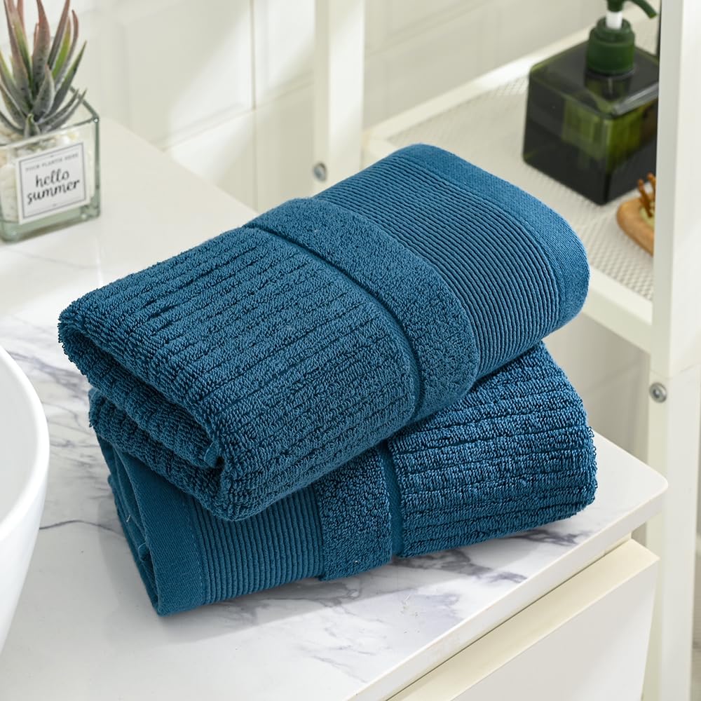 sense gnosis Super Soft Thick Hand Towel Set of 2 Ribbed Striped 100% Cotton Absorbent Decorative hand Towel for Bathroom 13 x 29 Inch, Blue Navy