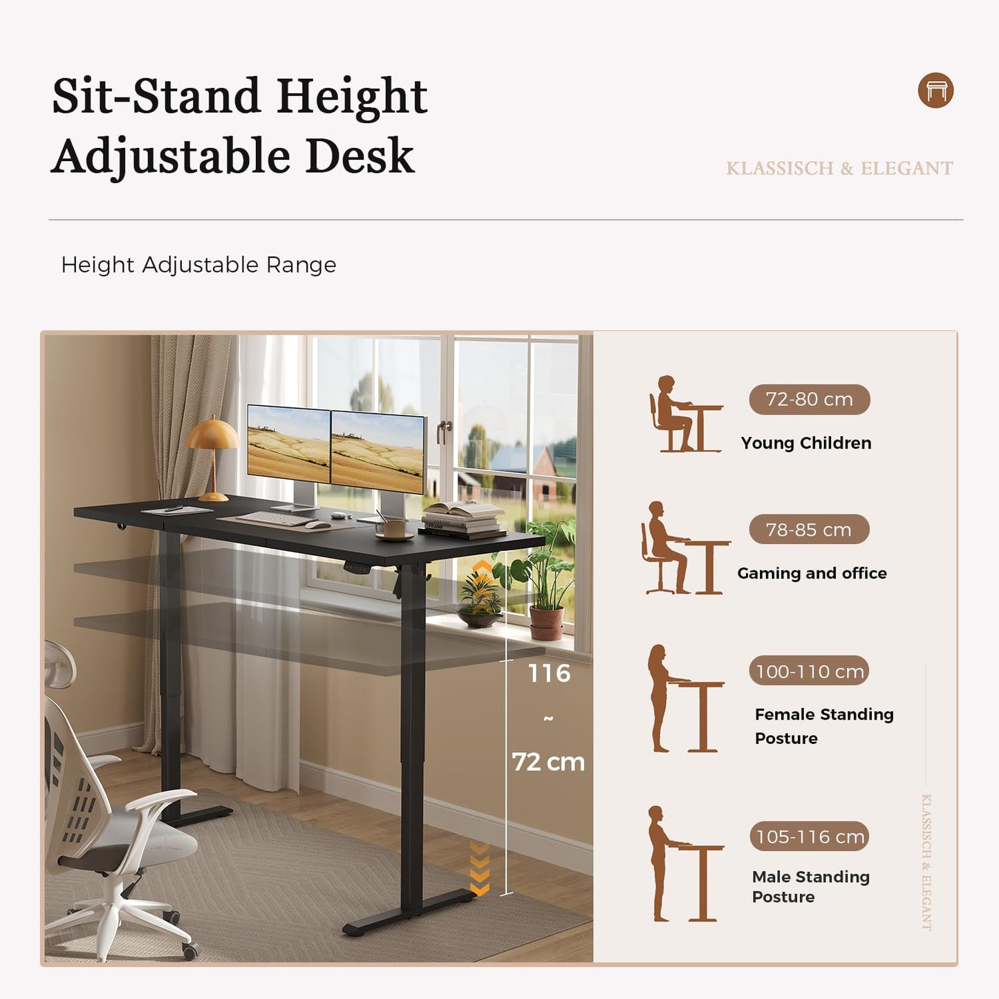 Klicelor Electric Standing Desk, 2 Memory Buttons for stand & sit, 100x60
