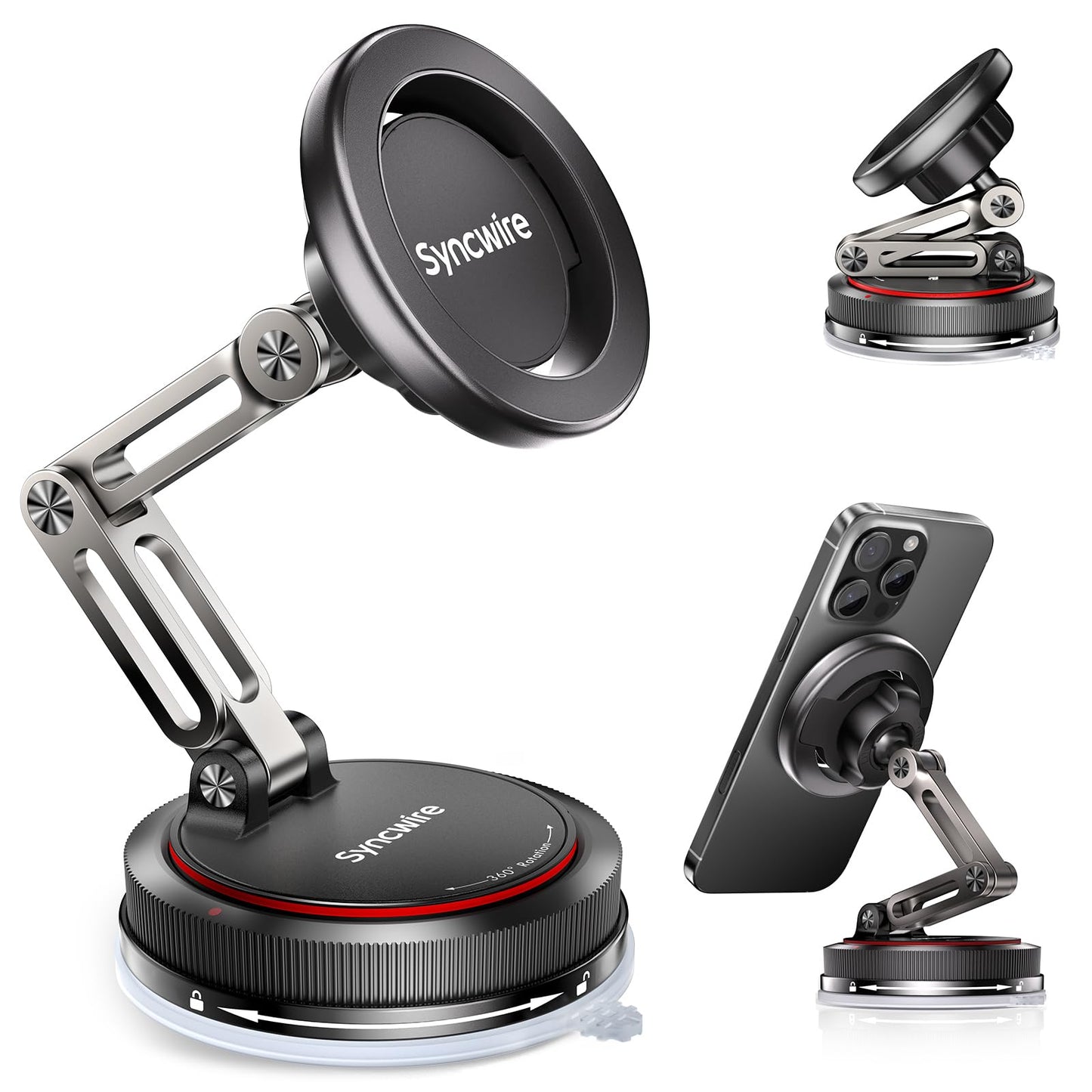 SYNCWIRE for MagSafe Car Mount [3-Axis] Nano Adhesive Gel + Strong Suction Cup Magnetic Phone Holder for Dashboard & Windscreen, 360? Rotatable for