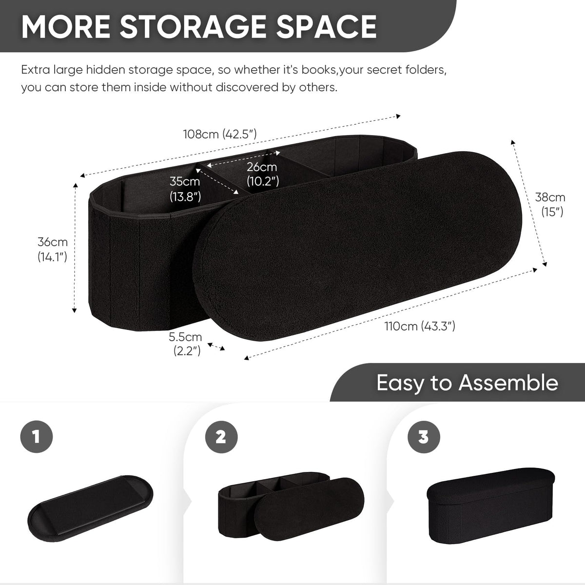 Bonlife Folding Ottoman Storage Bench,Boucle Footstool Oval, End of Bed Stool, Ideal for Living Room, Bedroom, 100L Storage Space,Black