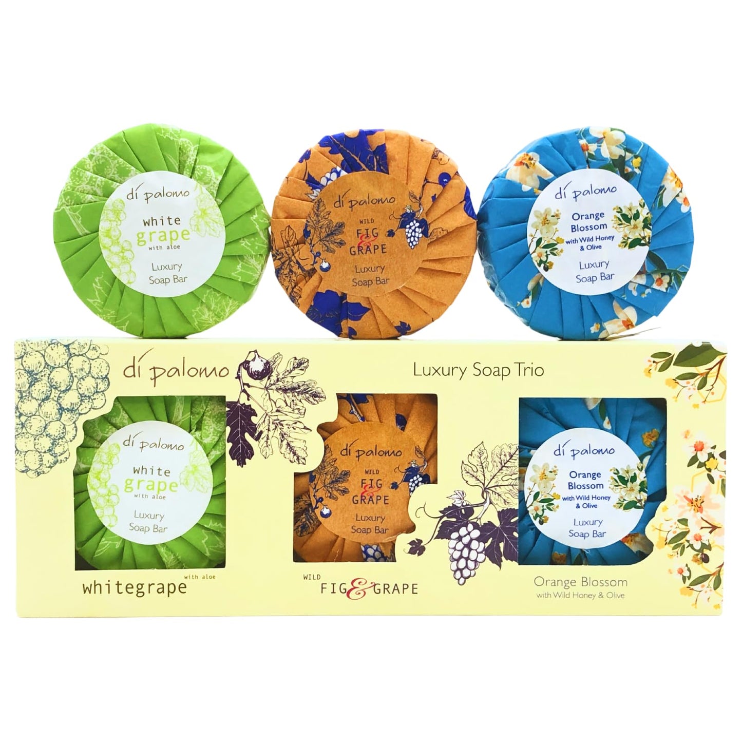 Di Palomo Soap Bar Trio Set 3 x 100g ? Luxury Moisturising Hand Soap Collection Wild Fig & Grape Orange Blossom White Grape & Aloe Italian Skincare