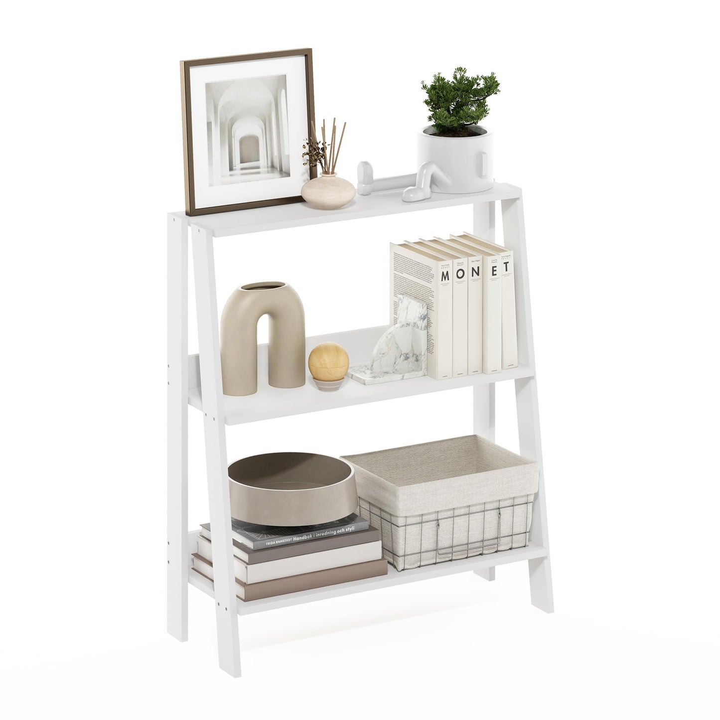 Furinno LADDER Shelf, 3-Tier Ladder Book Shelf, Bookcase, Storage Shelves, Storage Rack, for Organization and Storage, Living Room, Home Office, White