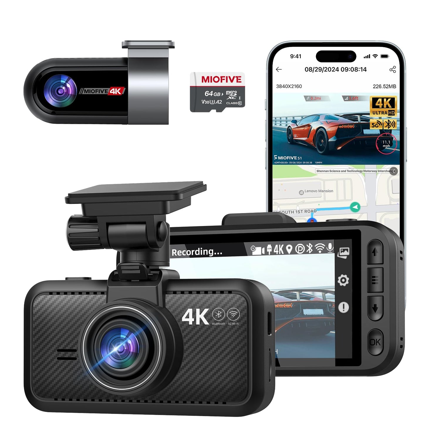 Miofive 4K Dash Cam Front and Rear, 5GHz Wi-Fi & GPS Dashcam with 64GB SD Card, Dual Car Camera Dash Cam with Parking Monitor, Night Vision, HDR,