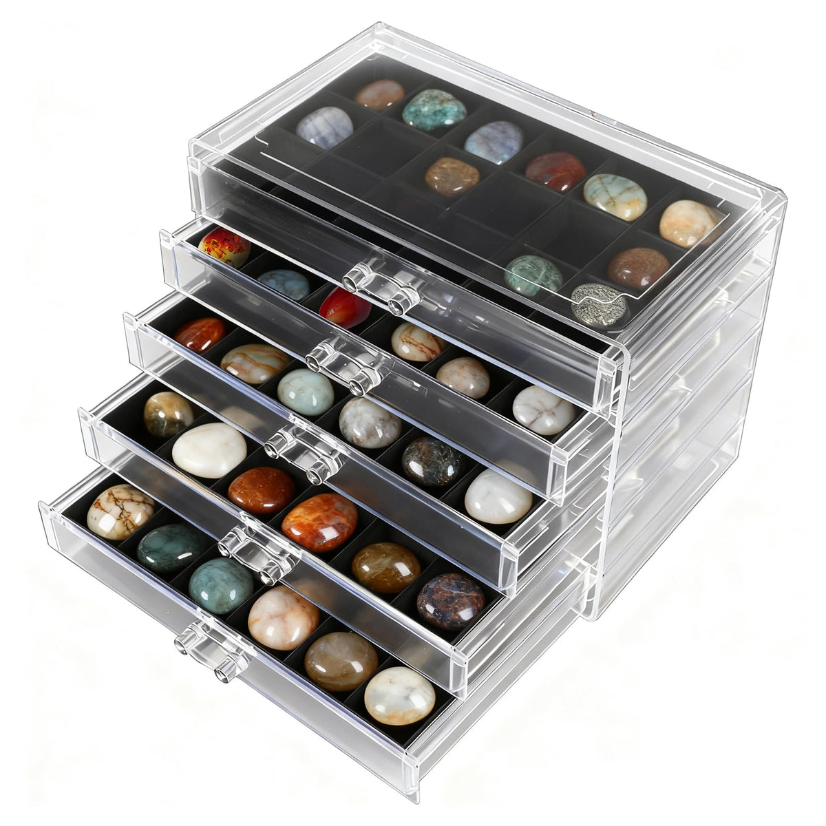 Rock Display Case, 5 Drawers 90 Grids Rock Collection Box Rock Collection Display Case Clear Crystals display Case Storage Cases for Small Rocks