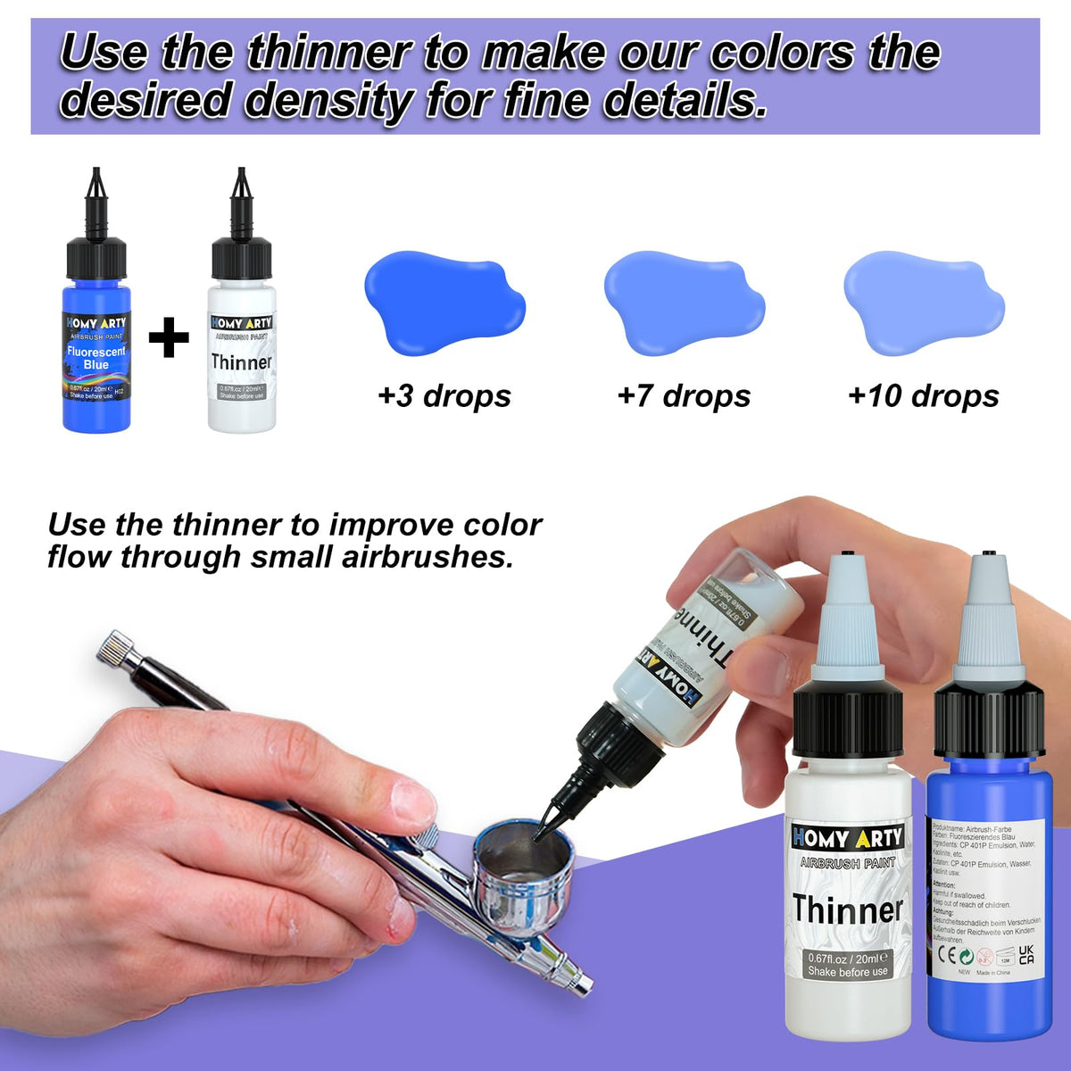 HOMY ARTY Airbrush Paint, 36 Colours with 4 Thinner Airbrush Paint Set, Water-Based Air Brush Colours, Ready to Spray, 20 ml/Bottle