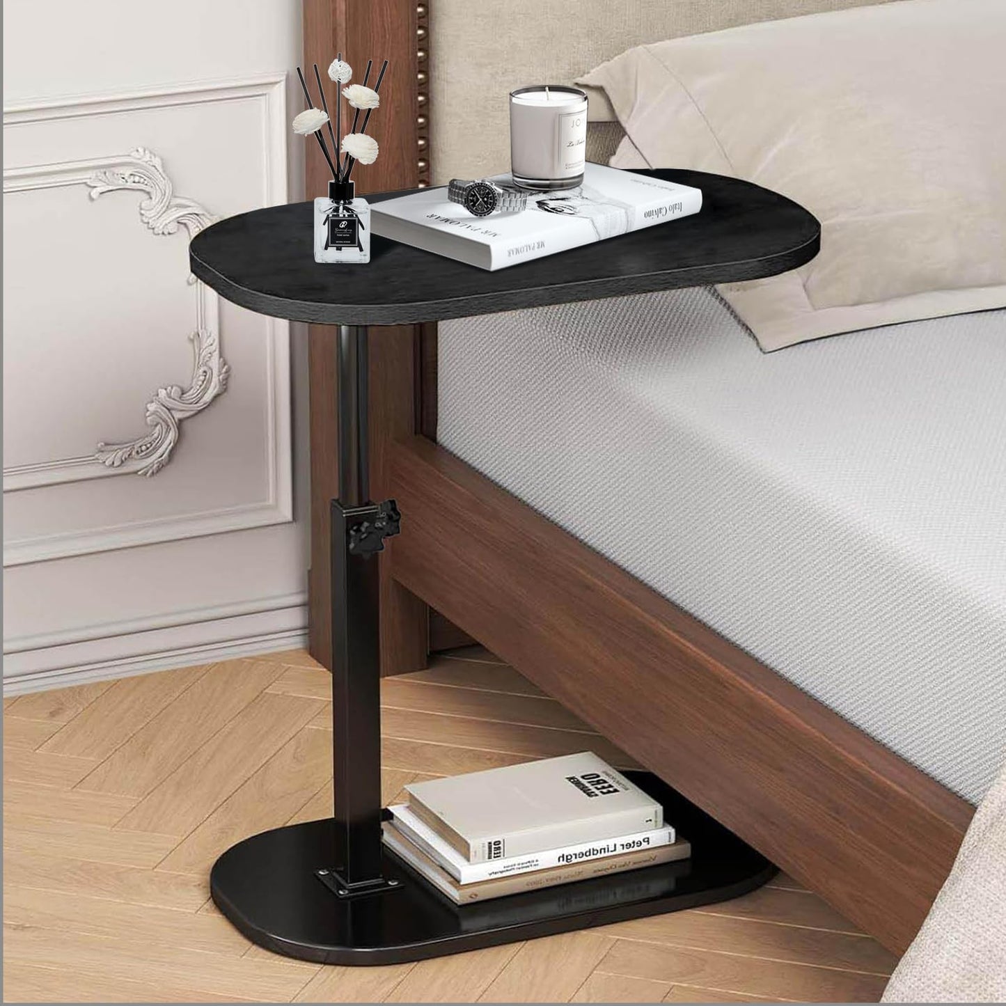 SHEBUYLLI Small Side Table, C Shaped Bed Side Table for Living Room Bedroom