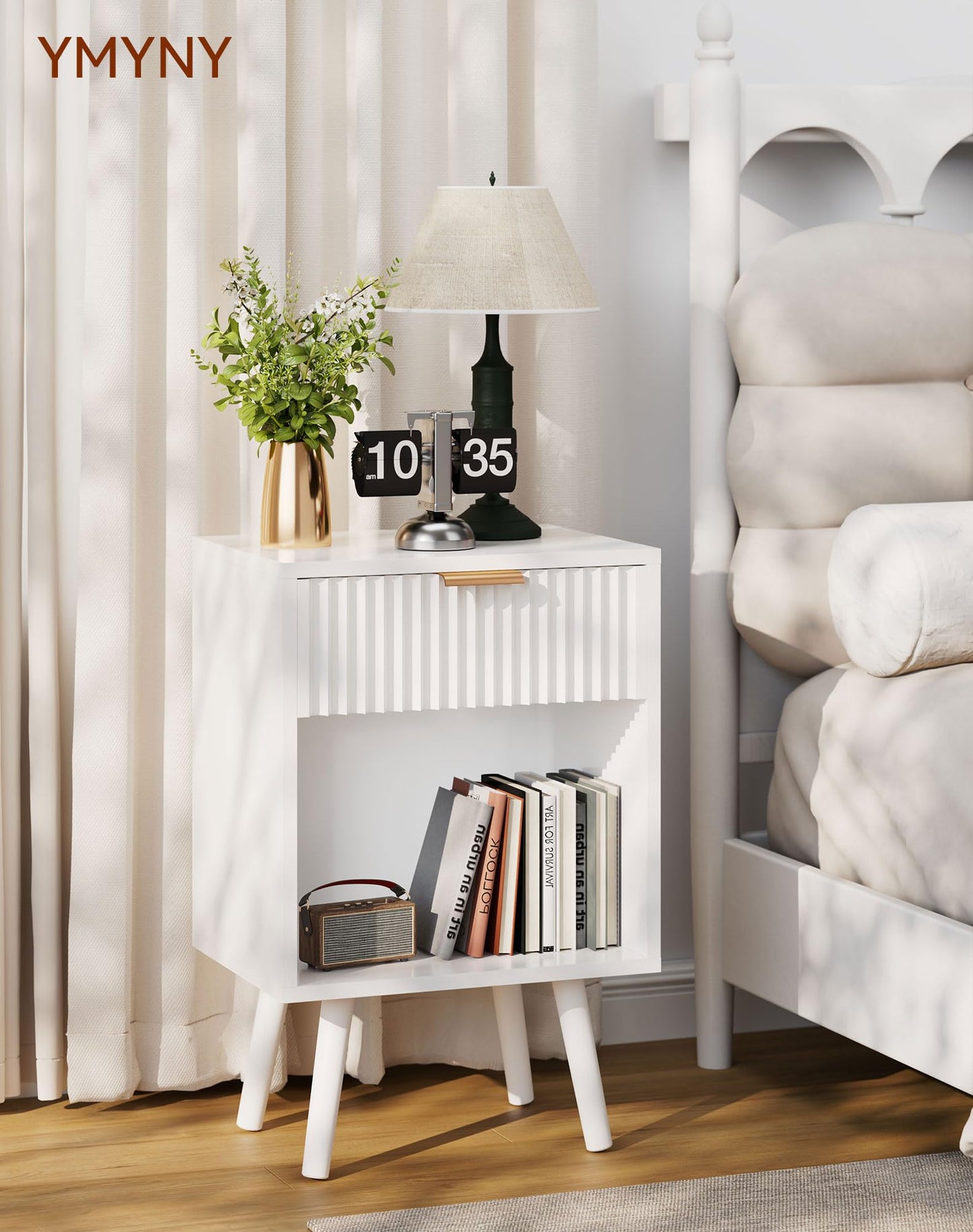YMYNY Mid Century Modern Nightstand Set of 2, Side Table with Fluted Drawer, Open Shelf Unit, Golden Handle, Solid Wood Legs, Bedside Table