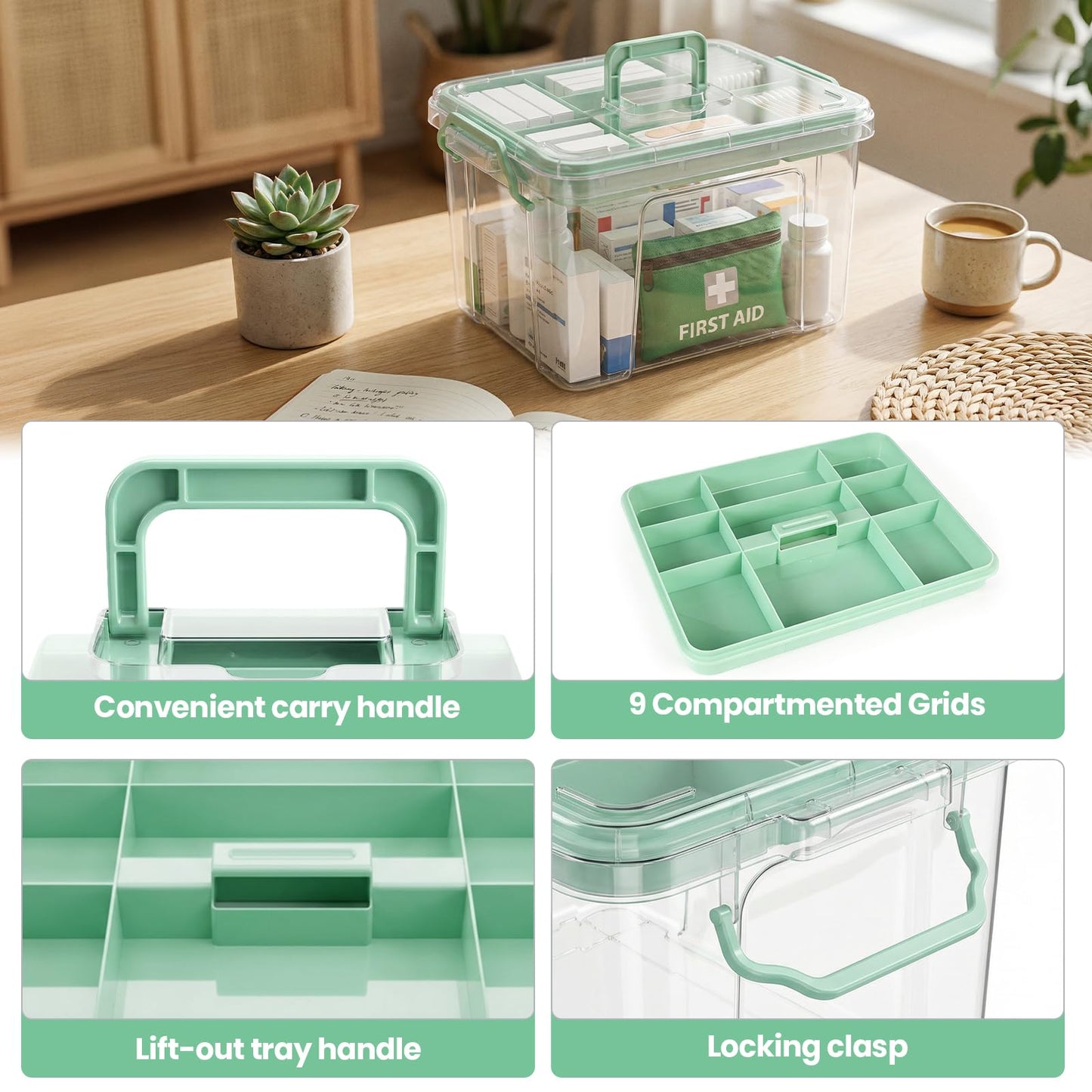 Stidyzo Medicine Storage Box, 2-Layer Medicine Organiser with Lid, Green