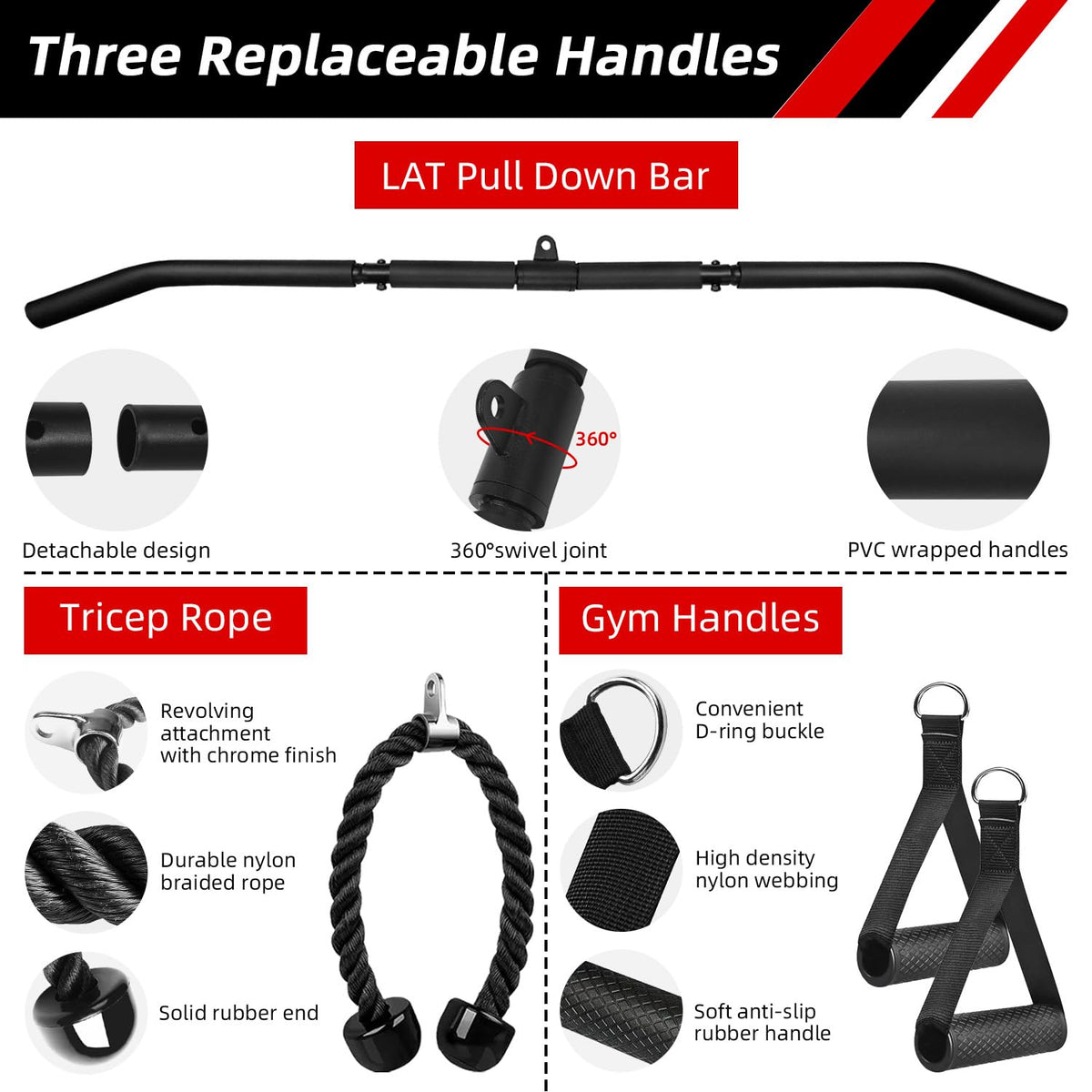 LFJ Cable Pulley System Home Gym, Lat Pull Down Machine Attachment Tricep Rope Bar Gym Equipment (Set with LAT Pull Down Bar)