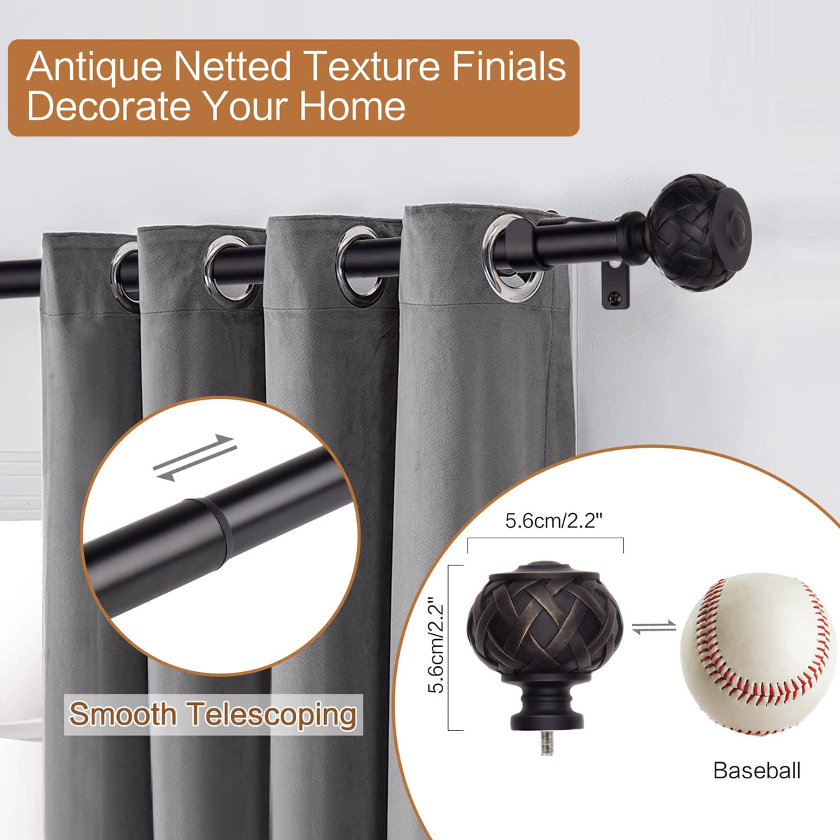 SZXIMU Curtain Pole for Windows 182-365 cm (72 to 144 Inches), Extendable Curtain Rod for Eyelet Curtains Drapery Rod with Netted Texture