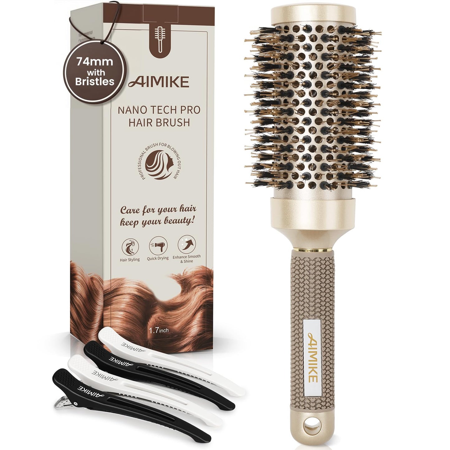 AIMIKE Round Hair Brush, Nano Thermal Ceramic & Ionic Tech Round Brush, RoundBrushes for Blow Drying with Boar Bristles, Barrel Brush for Styling,