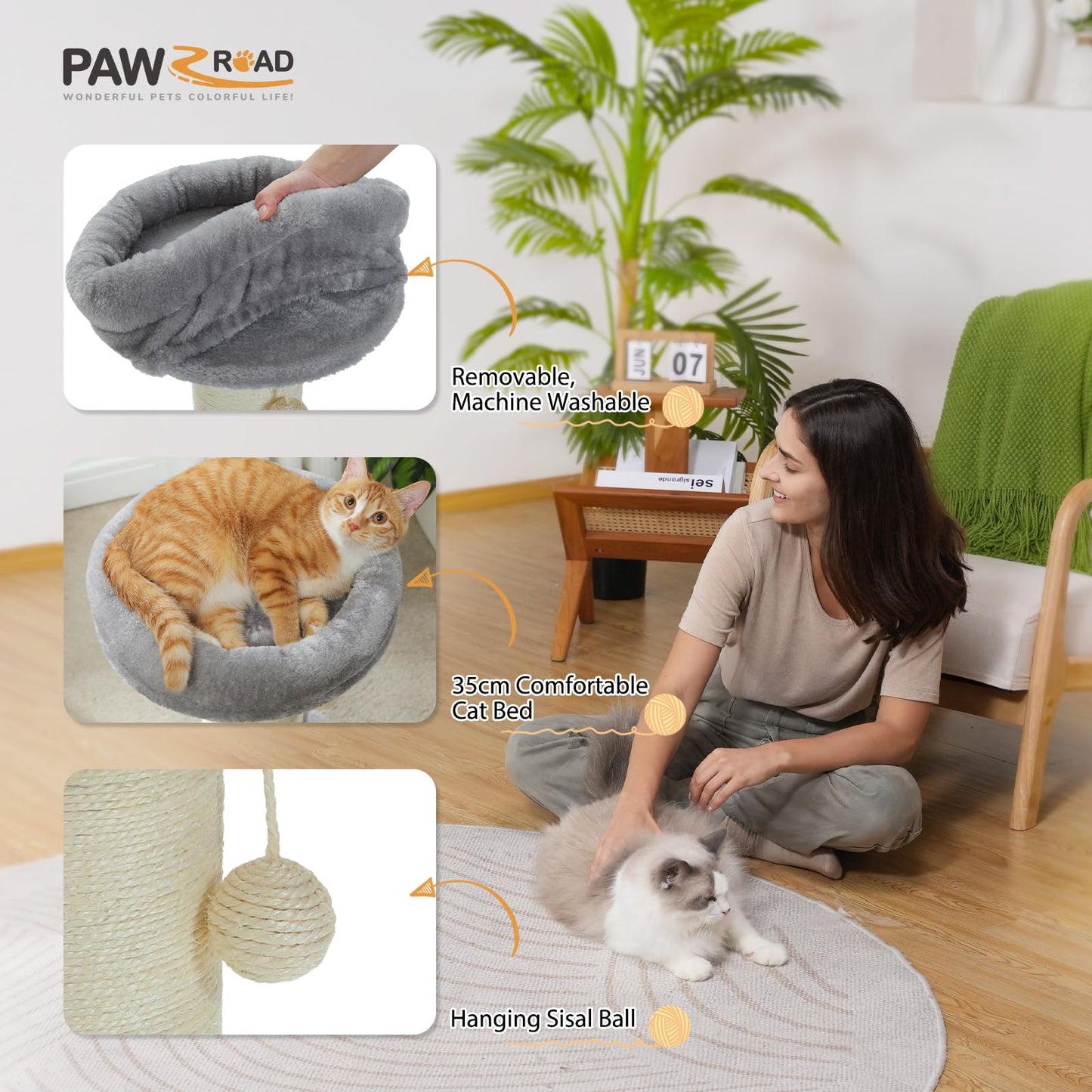 PAWZ Road Cat Scratching Post, Tall Cat Scratcher for Indoor Cats with Super Thick Scratching Post [Dia=14cm], Removable Fluffy Cat Bed, Cat Scratch