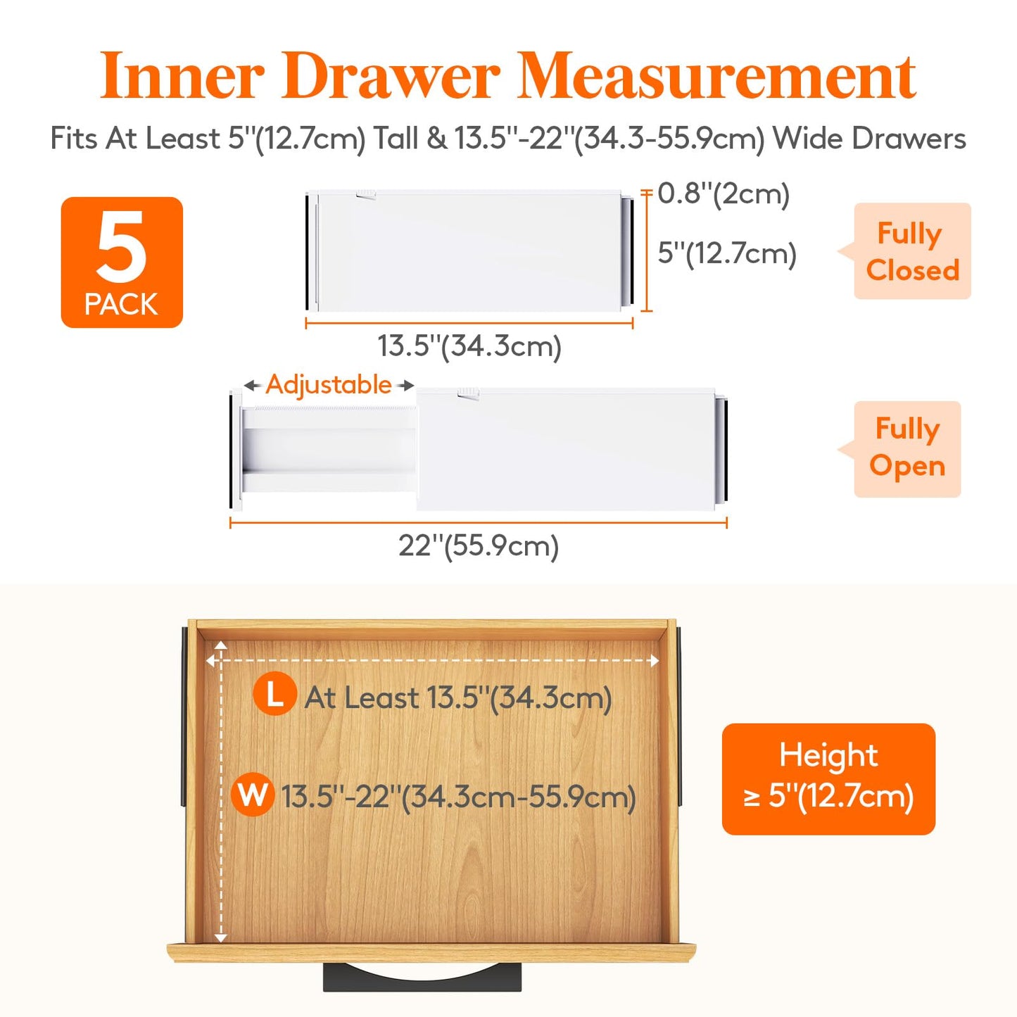 Lifewit 5 Pack 5" High Drawer Dividers 34-56cm/13.5-22" Adjustable Drawer Organiser for Clothes/Utensils, Expandable Kitchen Drawer Dviders