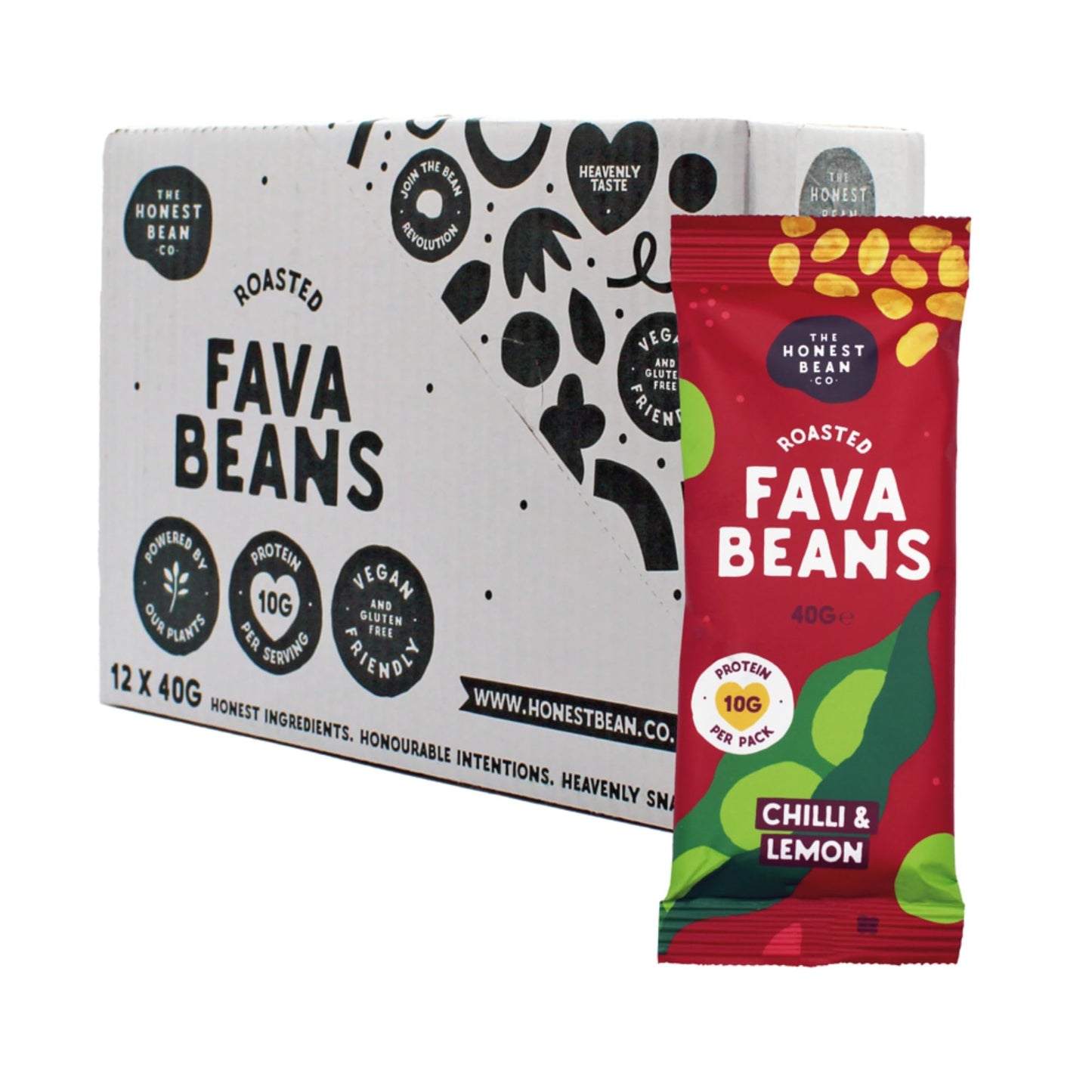 The Honest Bean Co Roasted Fava Bean Chilli & Lemon, High Protein Vegan Snack, 40 g (Pack of 12)