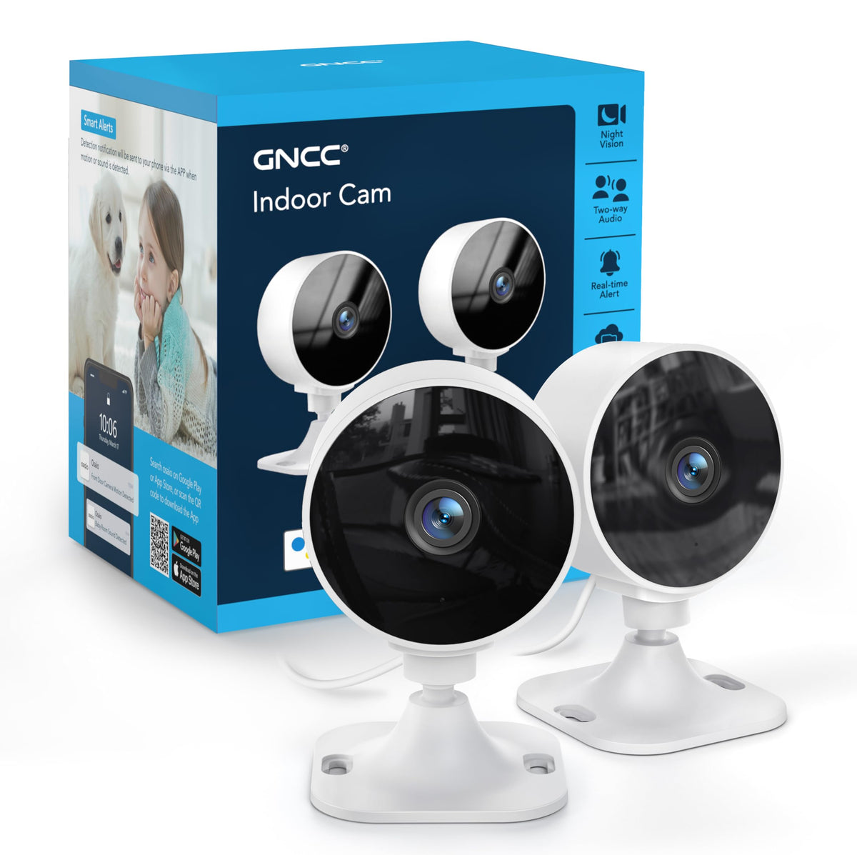 GNCC GC3 2-Pack Indoor Security Camera 1080P, CCTV Cameras for Home/Pet, Fixed Lens, Motion/Sound Detection, Cloud Subscription Required, Local SD