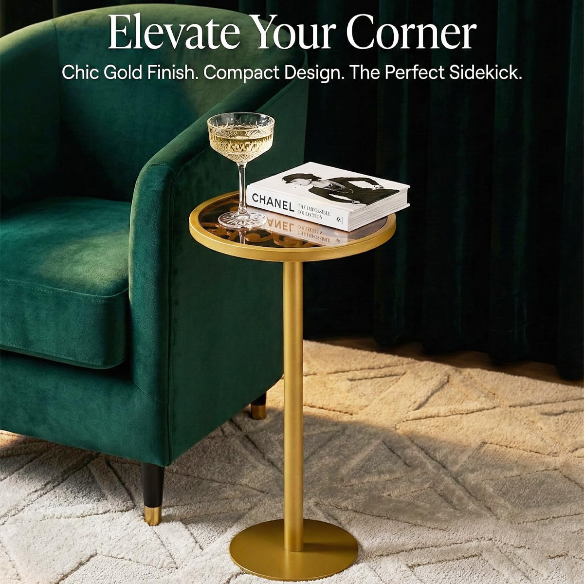 ZEXVIDA Gold Drink Table, Indoor Outdoor Small Round Side Table with Tempered Glass Top & Scroll Design