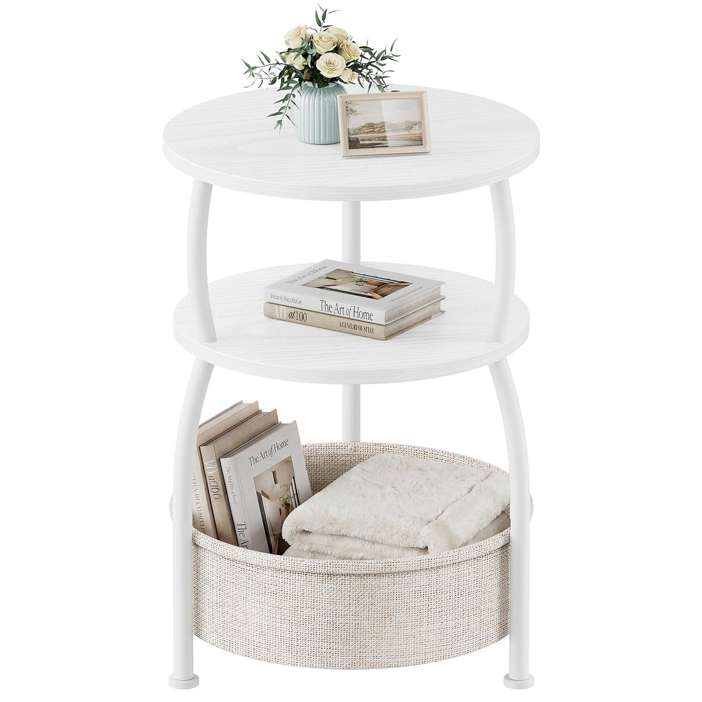 Yuede Side Table with Fabric Basket, Round End Table, 3 Tier Bedside Table, Coffee Table for Living Room, Bed Room, Modern, 40 x 61 cm, White