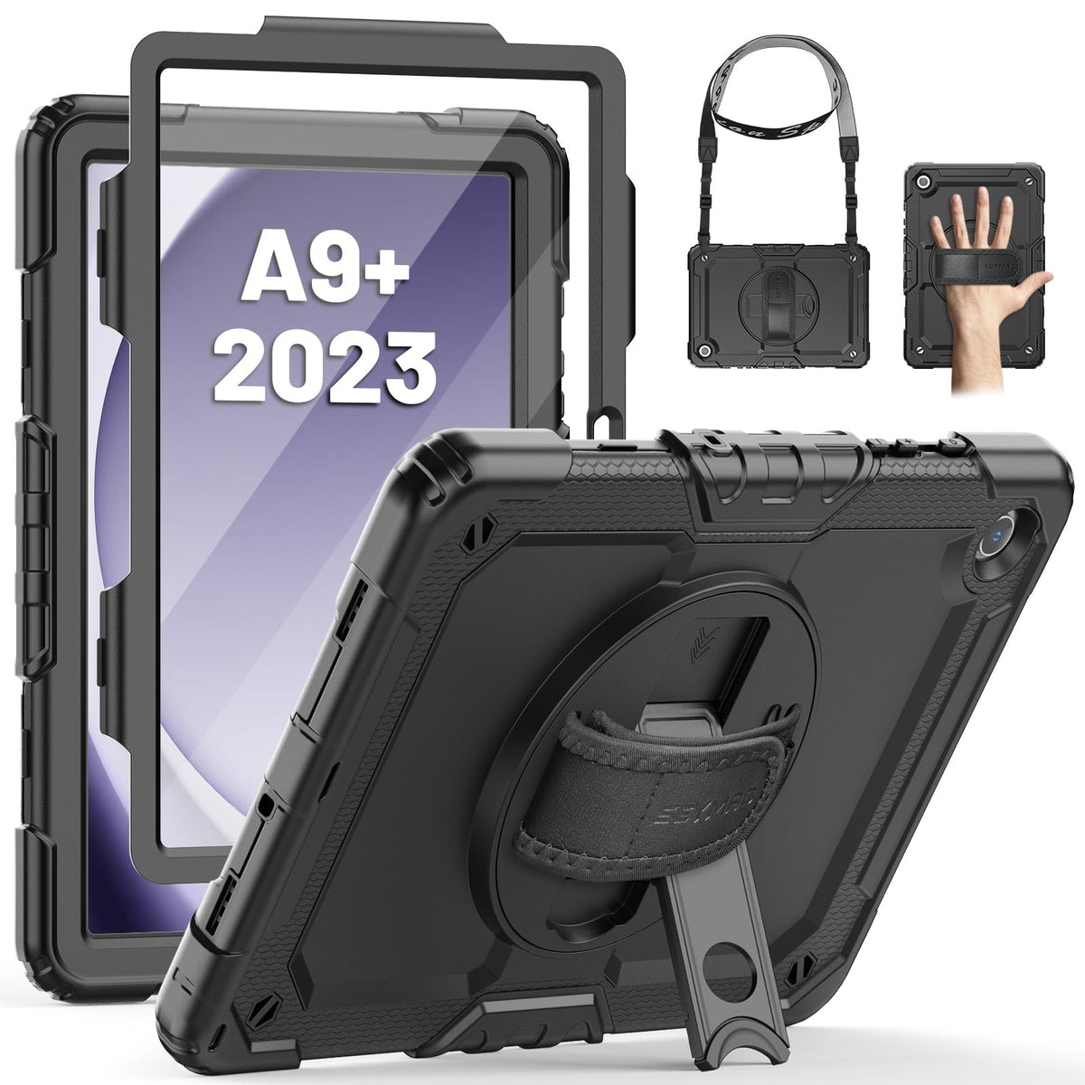 SEYMAC Case for Samsung Galaxy Tab A9 Plus 11 inch 2023, Shockproof Protective Galaxy A9 Plus Tablet Case With Screen Protector/Hand Strap/Rotating