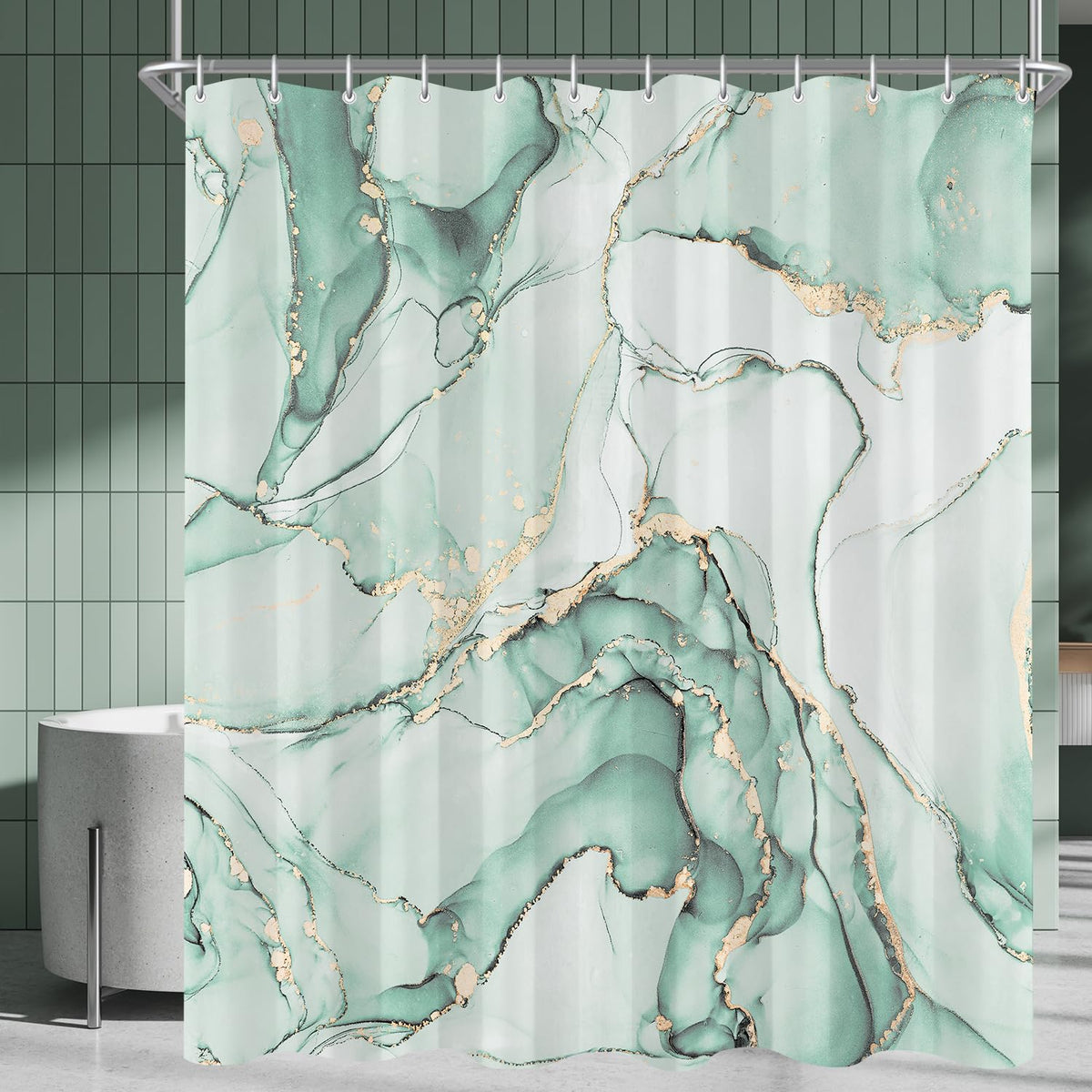 Lerores Shower Curtain, 120 x 200 cm, Mint Green Marble, Weighted Hem, Anti-Mould, Water-Repellent, Washable Polyester Bath Curtains with 8 Eyelets