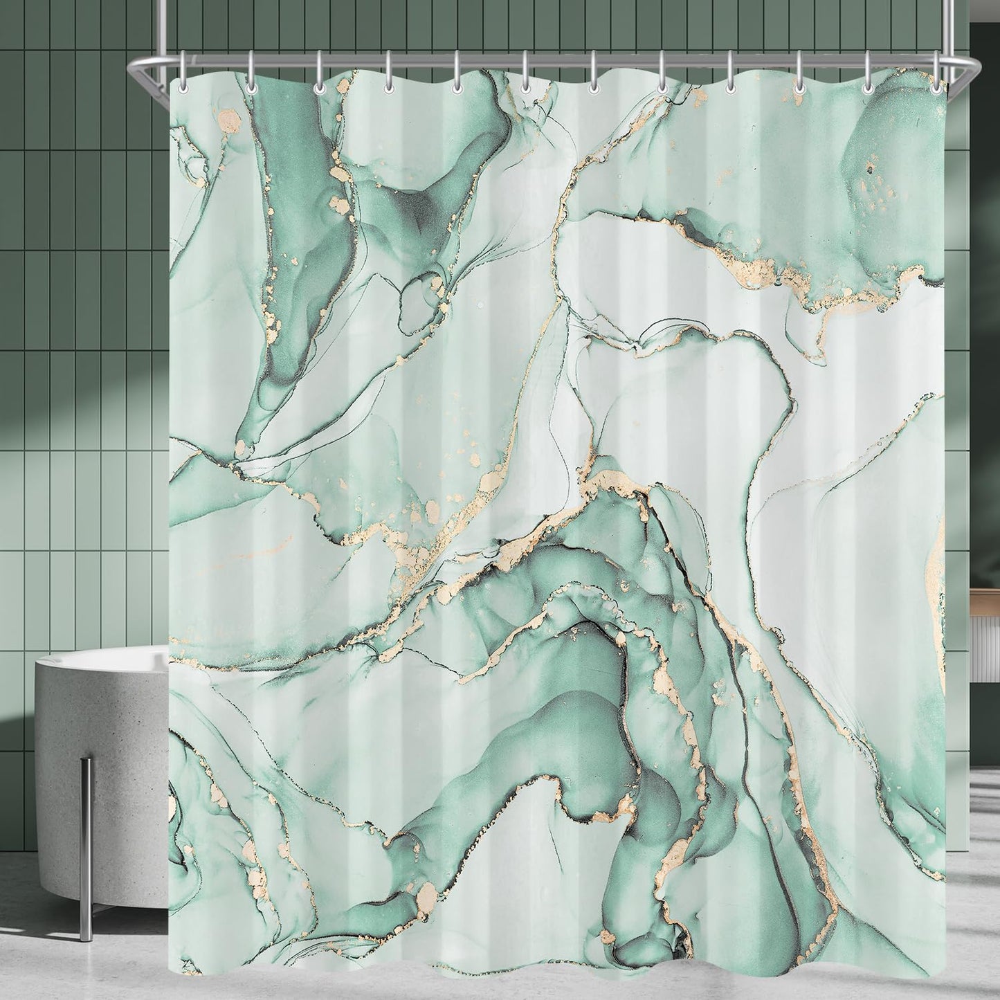 Lerores Shower Curtain, 180 x 200 cm, Mint Green Marble, Weighted Hem, Anti-Mould, Water-Repellent, Washable Polyester Bath Curtains with 12 Eyelets