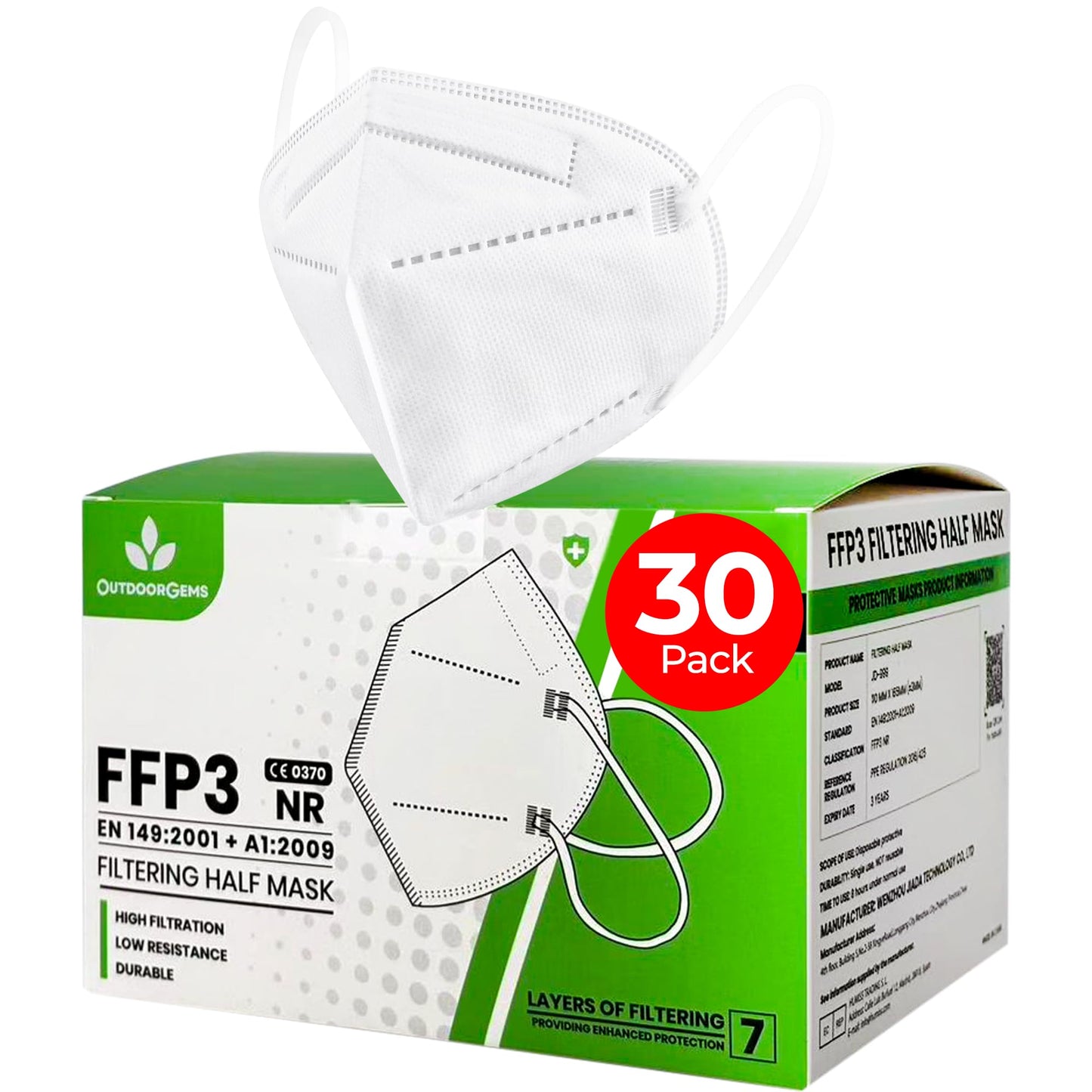 OutdoorGems FFP3 Face Masks Pack of 30 ? UK Certified EN149:2001+A1:2009, 7 Layer Disposable Protective Dust Masks ?99% Filtration, Individually