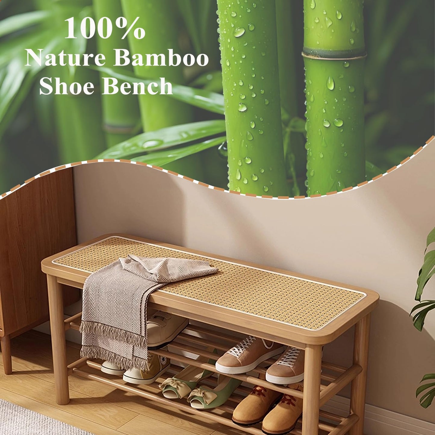 SOBIBO Bamboo Shoe Rack Bench with Rattan Seat, 3-Tier Shoe Storage Bench, Entryway Bench for Hallway，Nature-31.5 inches