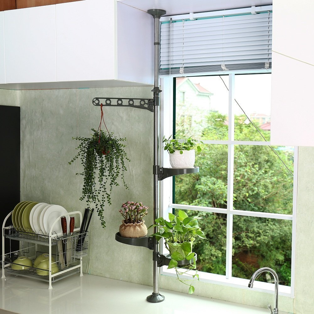 BAOYOUNI Indoor Plant Pole Stand Tension Rod Adjustable Flower Display Rack Spring Loaded Floral Hanger Storage Shelf with 3 Trays & 1 Arm for