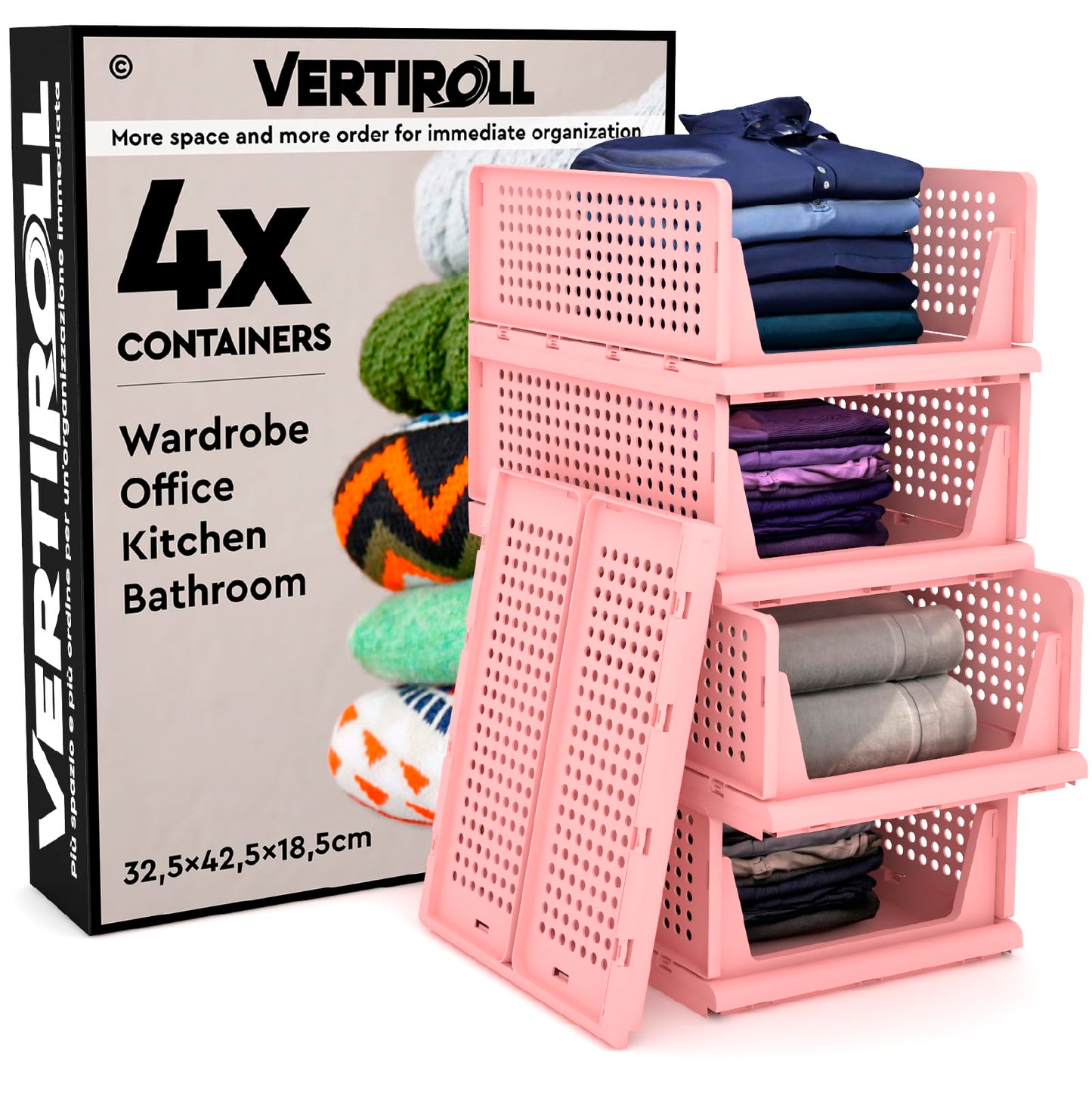 VertiRoll 4 Stackable Sliding Drawers Wardrobe Storage Organizer Plastic Box Pink Color for Home Kitchen Bathroom and Office Easy to Assemble