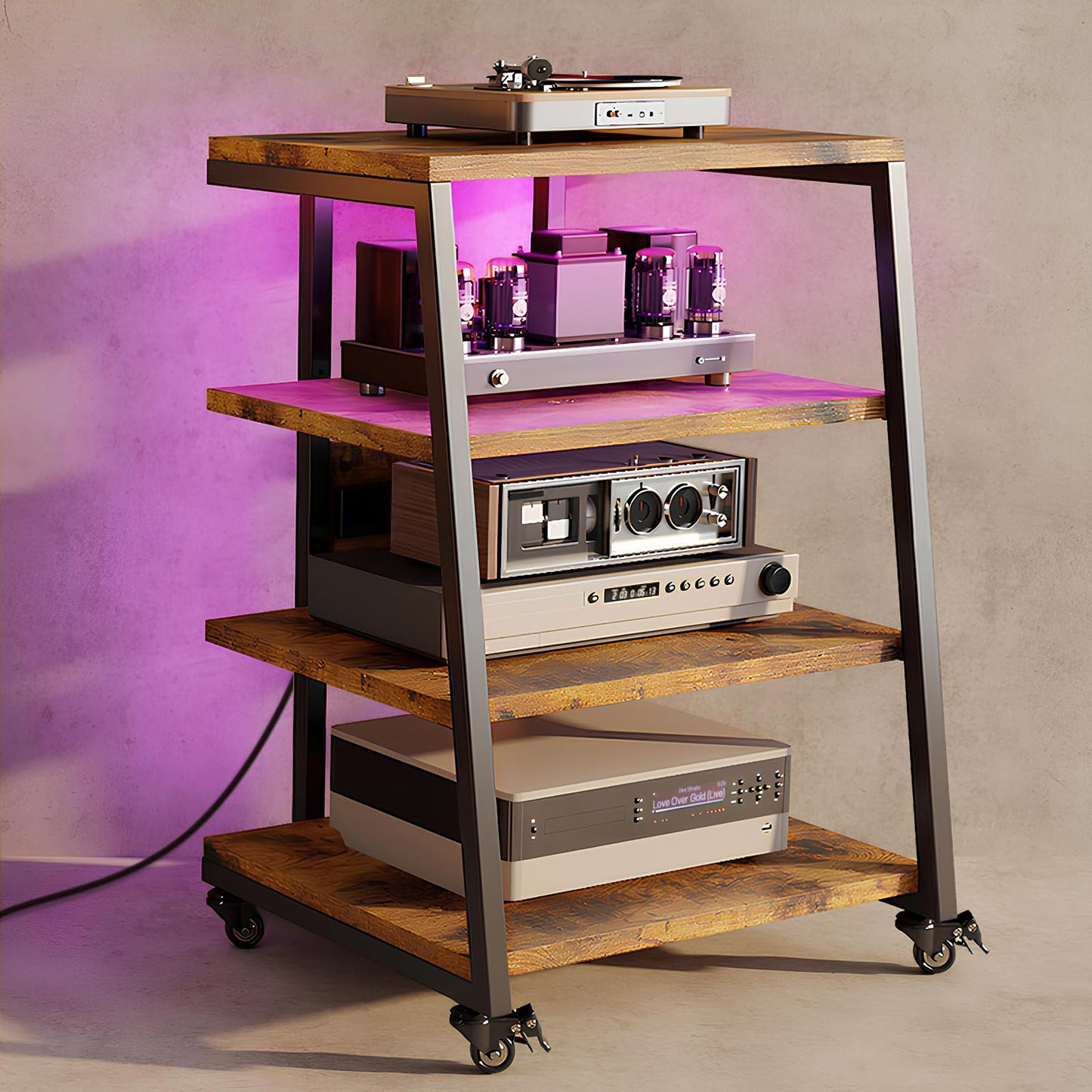 Vrietina HIFI Stand with Power Strips, Adjustable Shelf, LED Lights, Wheels