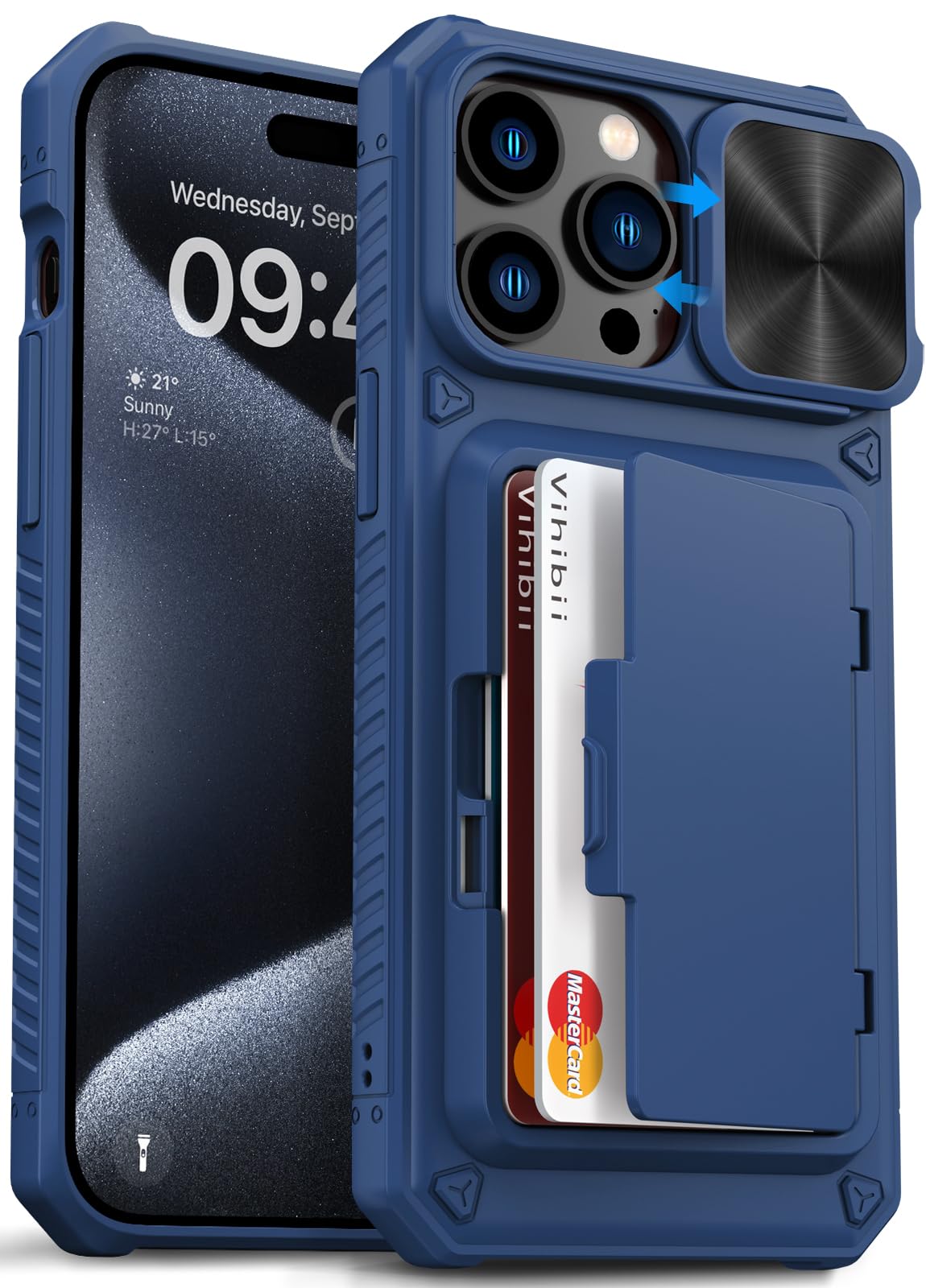 Vihibii for iPhone 15 Pro Max Wallet Case with Card Holder (4 Cards) & Slide Lens Protective Cover & Kickstand & Raised Edges Protect Screen,