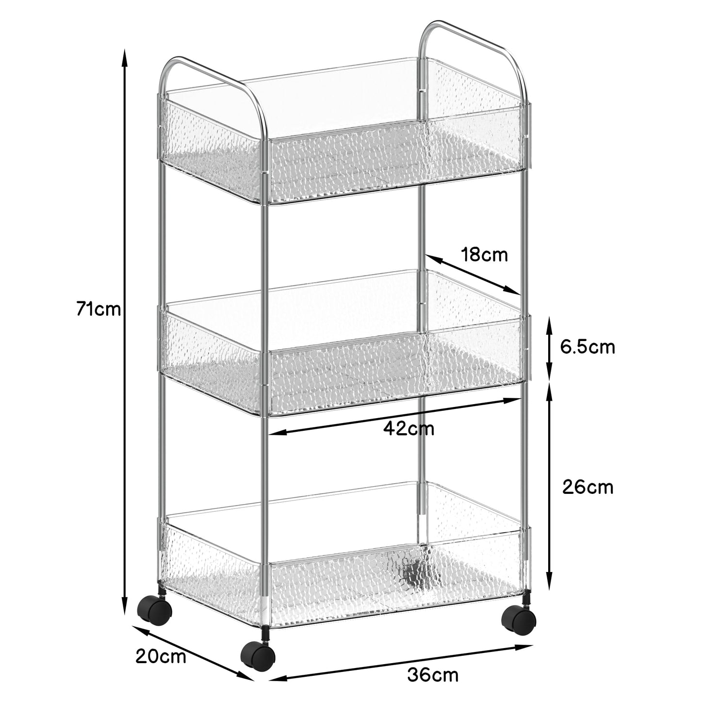 CraftGenes 3-Tier Slim Storage Trolley on Wheels, 36x20x71cm Bathroom Storage Cart with Lockable Wheels