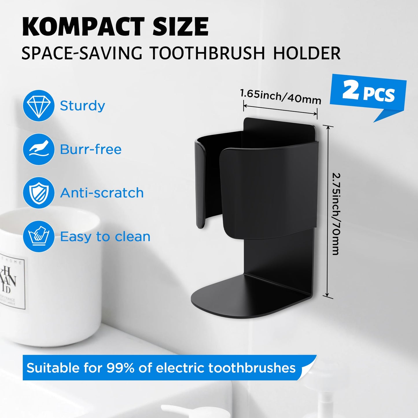Yoassi Electric Toothbrush Holders, 2pcs Wall Mounted Electric Toothbrush Stand with Strong Self-Adhesive 3M Sticker Stainless Steel Toothpaste
