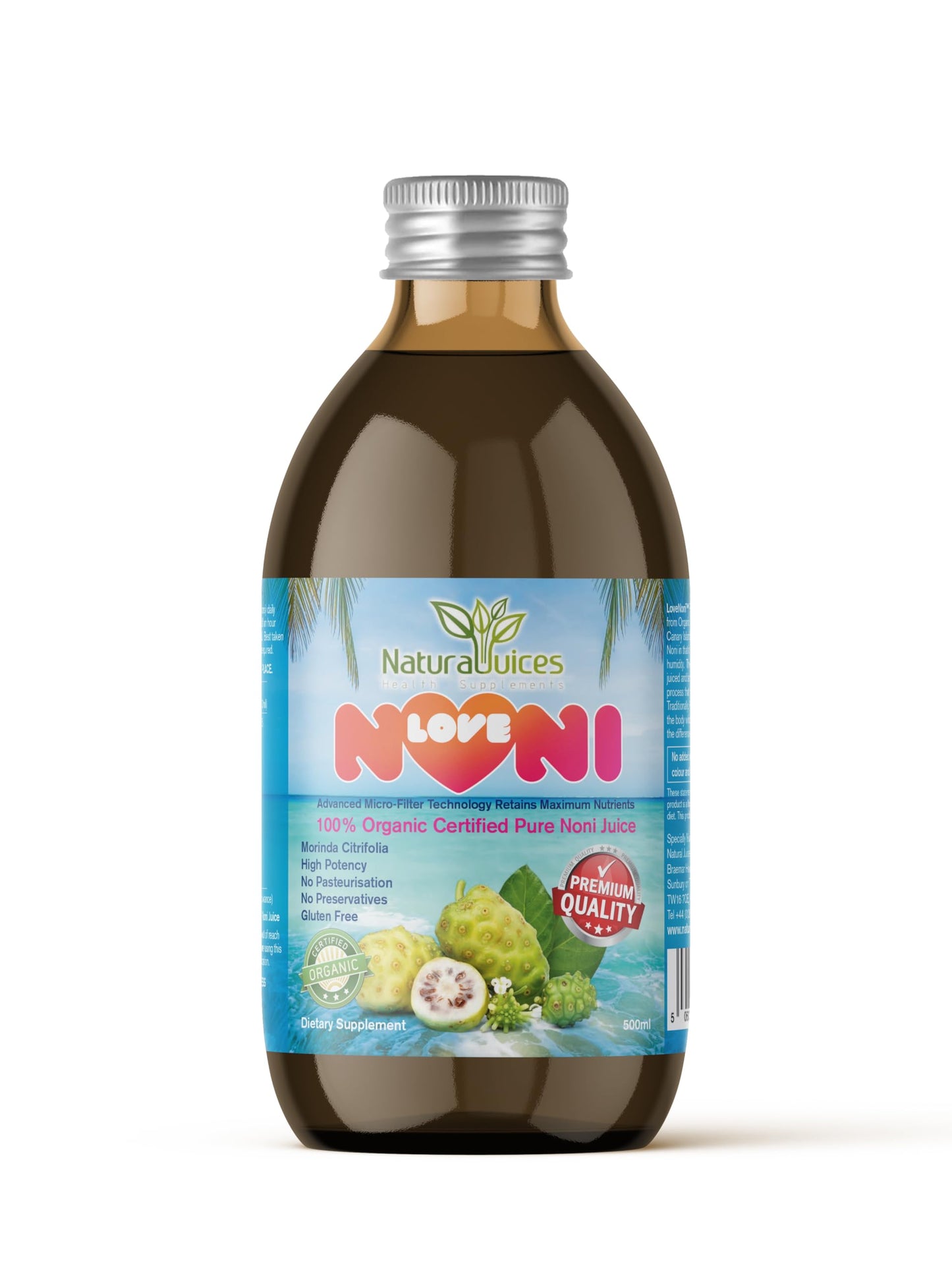 Natural Juices LoveNONI Pure Organic Certified Noni Juice 500ml (Pack of 4 Bottles)