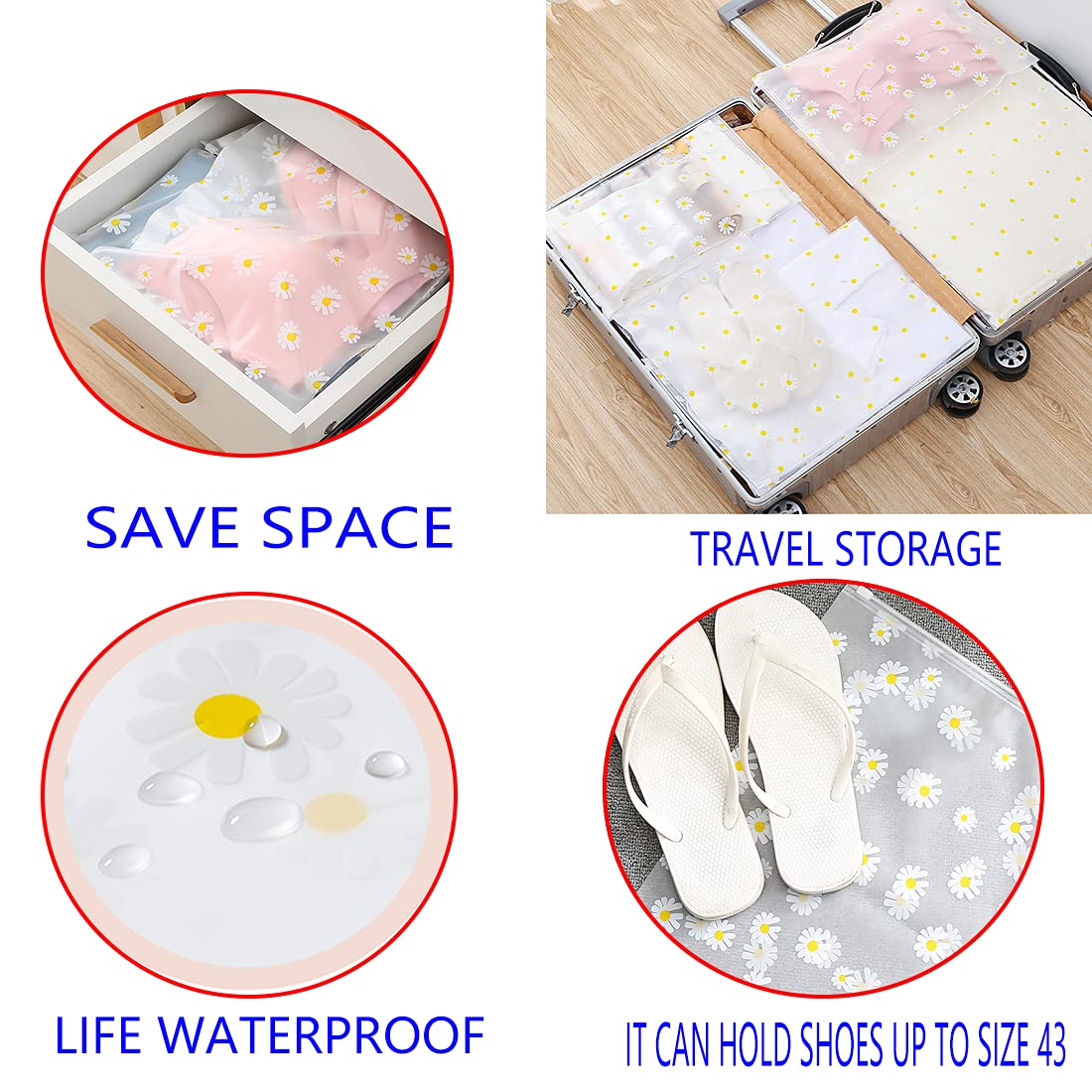 GAOHAN 10Pcs ZipLock Shoe Bags Multi-Purpose Daisy Print Travel Storage Bag