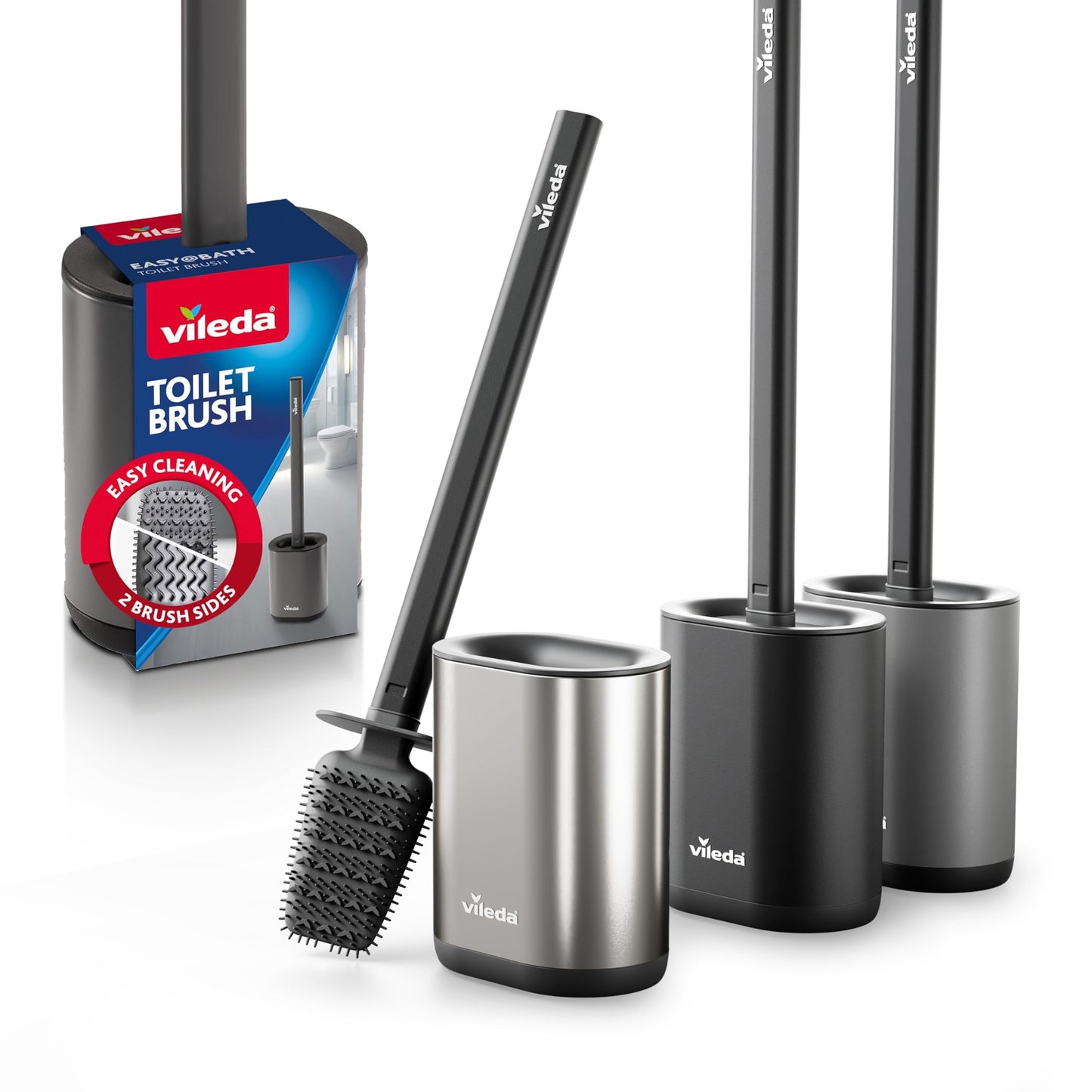 Vileda Silicone Toilet Brush Silver with Flex Head and Stainless Steel Handle - Toilet Brush with 2-in-1 Cleaning Zones