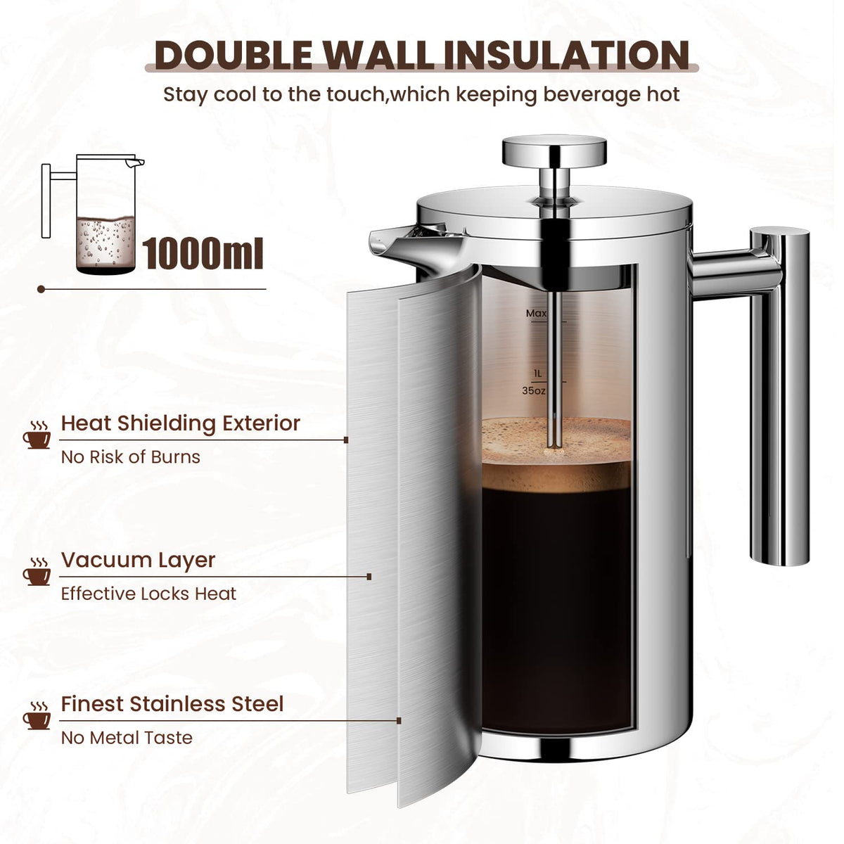 Velaze 1L / 35oz 8 Cups French Cafetiere Coffee Pot, French Press with Stainless steel,Double Wall Tea Maker, with 1 Coffee Spoon and 5pcs Additional