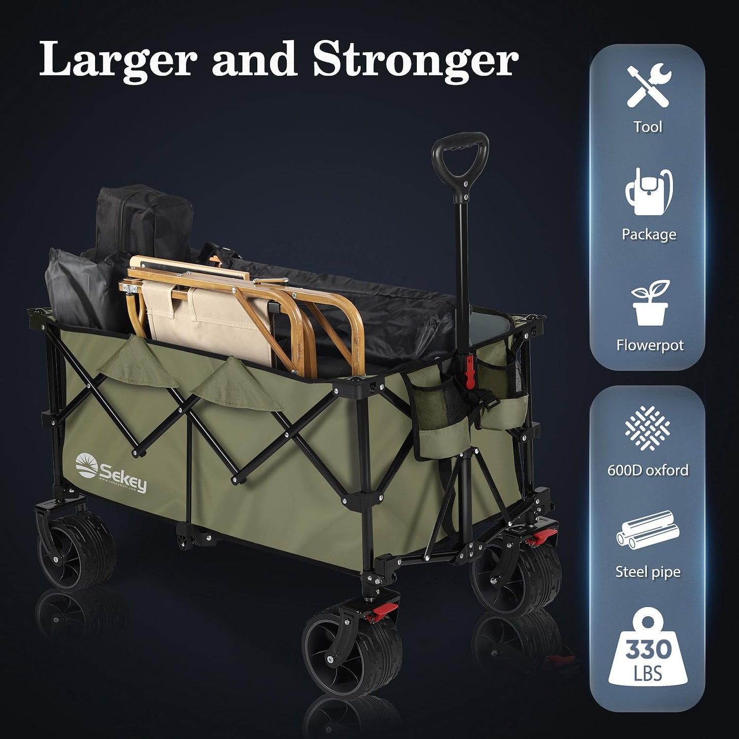 Sekey 200L Folding Festival Trolley with All-Terrain Extra Wide Wheels and Brake, Heavy-Duty Cart Loadable up to 150KG, Patented Four-Directional