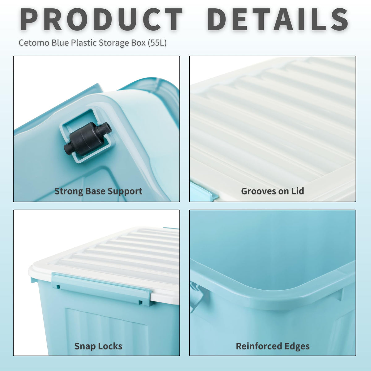 Cetomo 55L*3 Storage Boxes with Lids, Plastic Storage Box with Wheels and Secure Side Latches, Stackable & Nestable Organizer for Home, Office